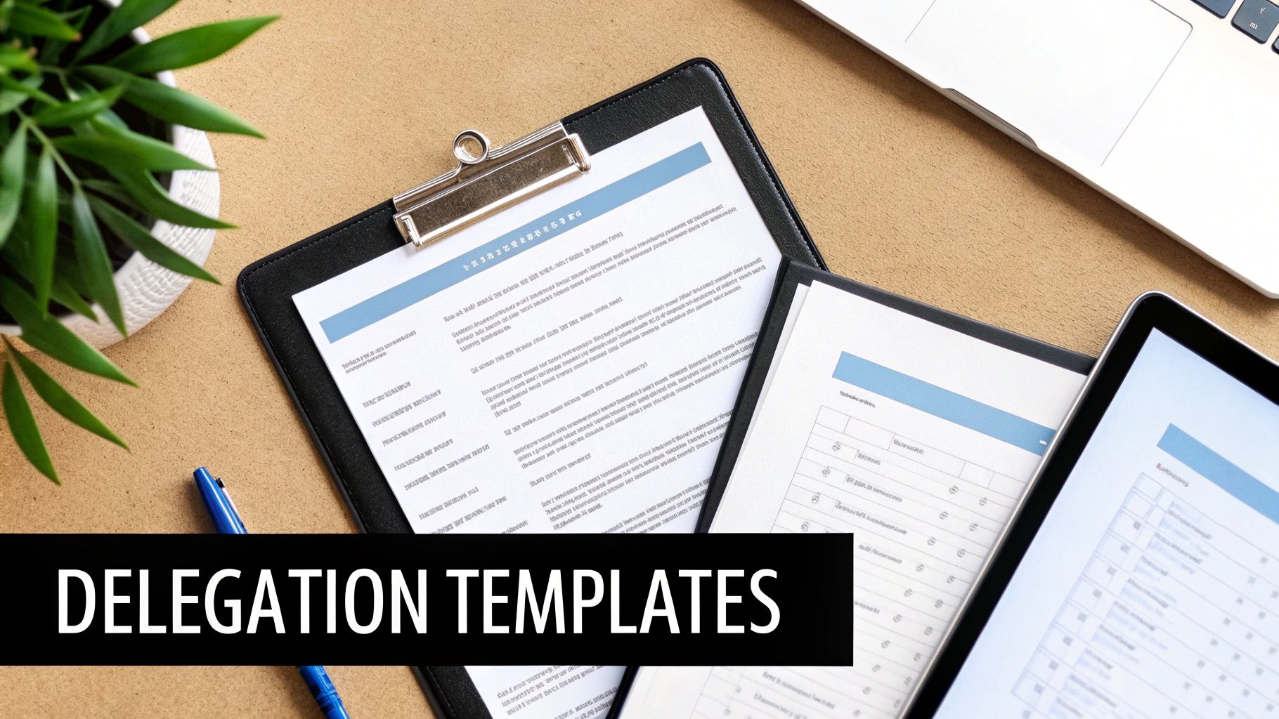 Desk flat lay with clipboard showing delegation templates, tablet, laptop, pen, and a green plant.