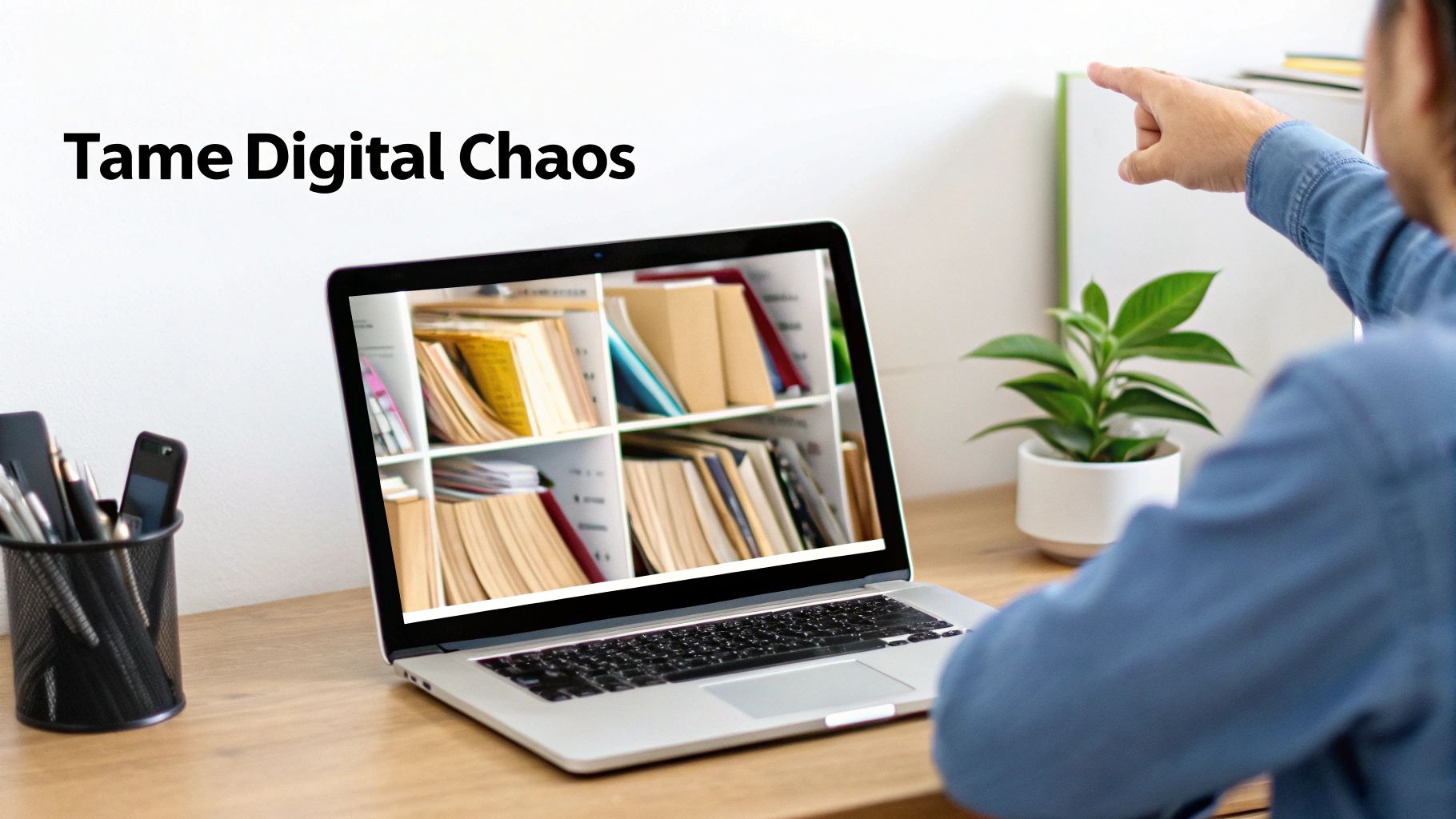 Person at a desk with a laptop displaying organized digital files, with text 'Tame Digital Chaos'.