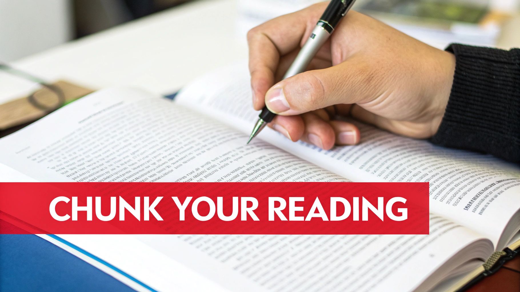 A person's hand holding a pen, marking text in an open book with a red banner saying 'CHUNK YOUR READING'.
