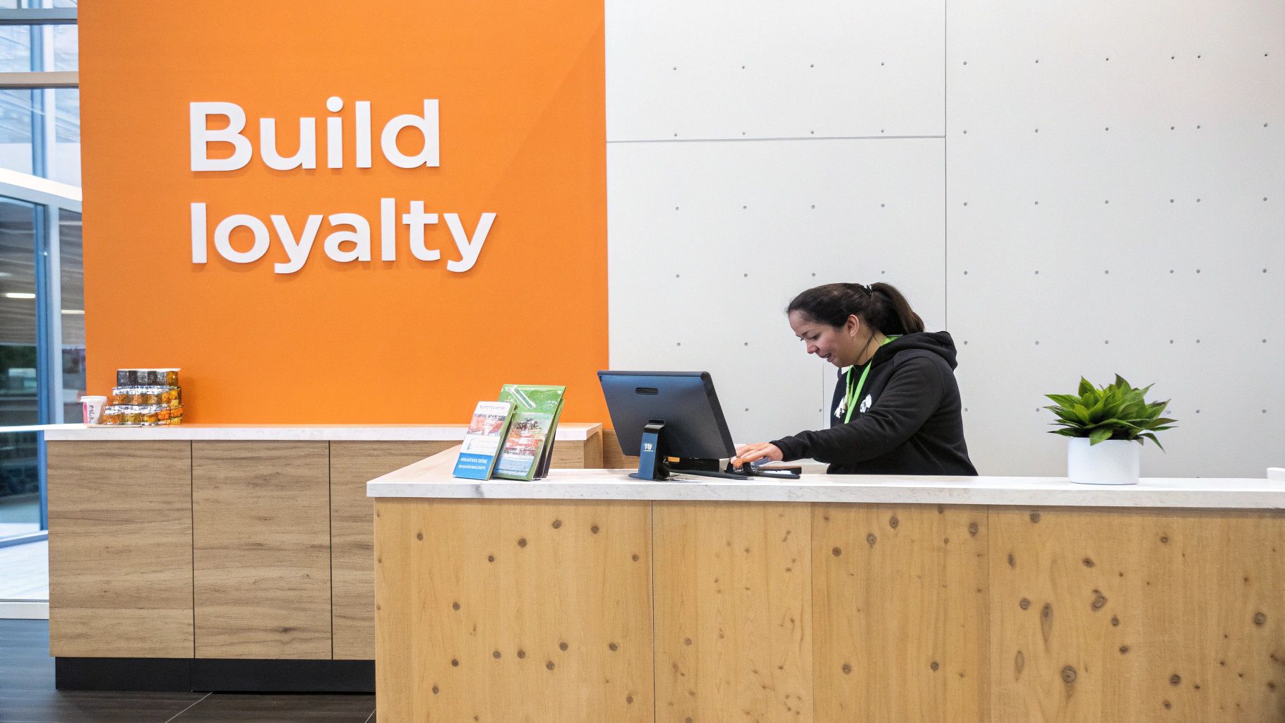 Customer service representative working at reception desk with Build loyalty sign on orange wall