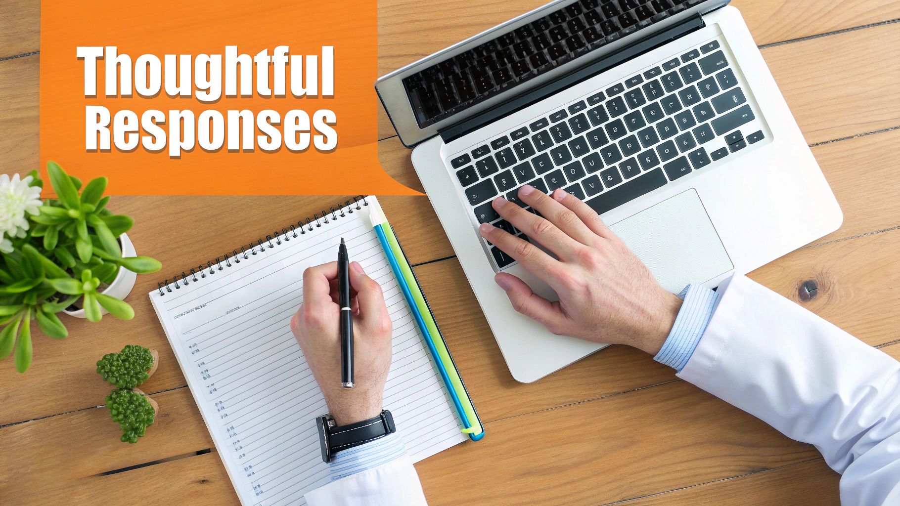A medical professional in a white coat typing on a laptop and writing in a notebook, with text 'Thoughtful Responses'.