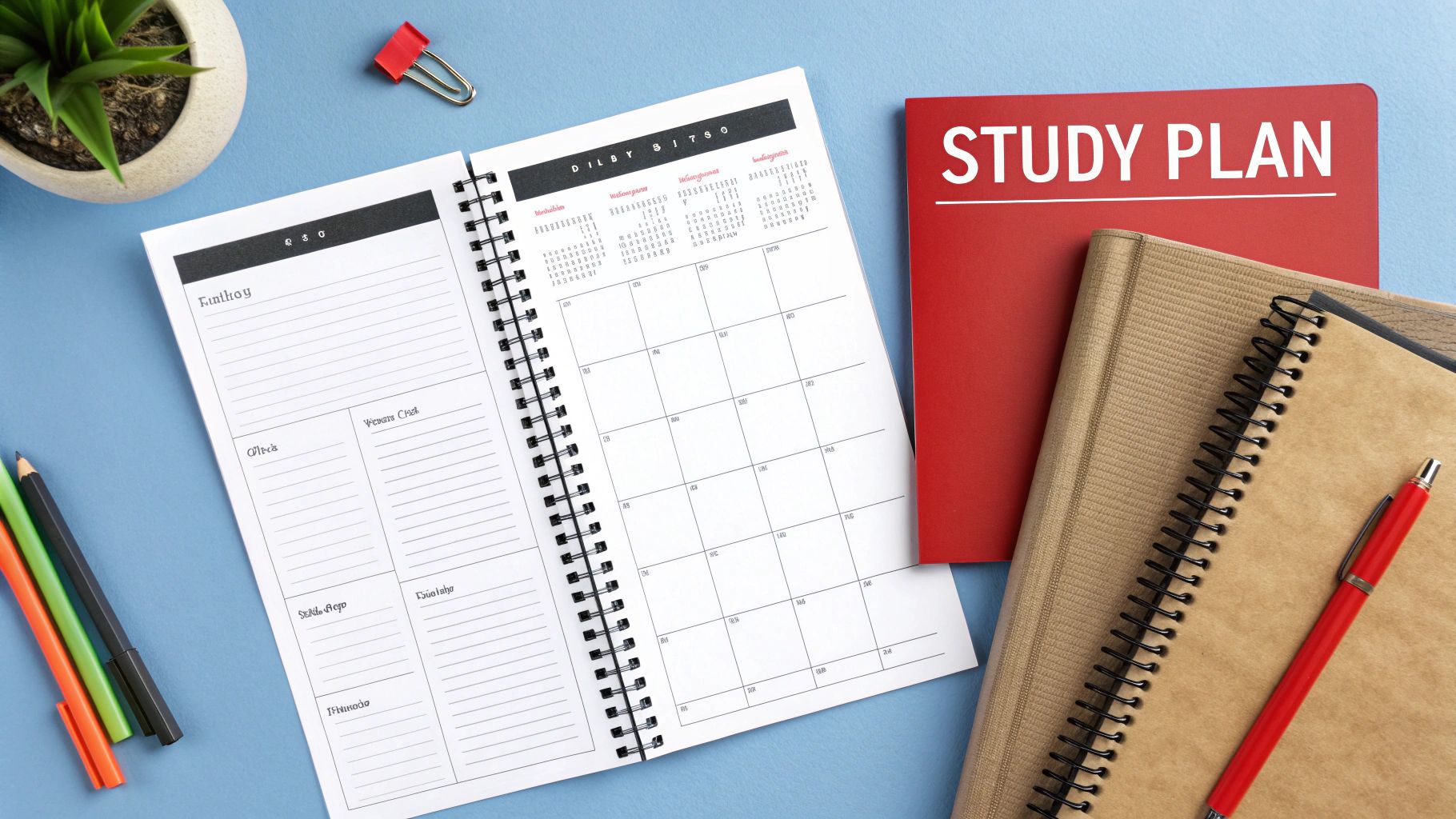 A flat lay of study materials, including a red "STUDY PLAN" notebook, open planner, and pencils on a blue desk.