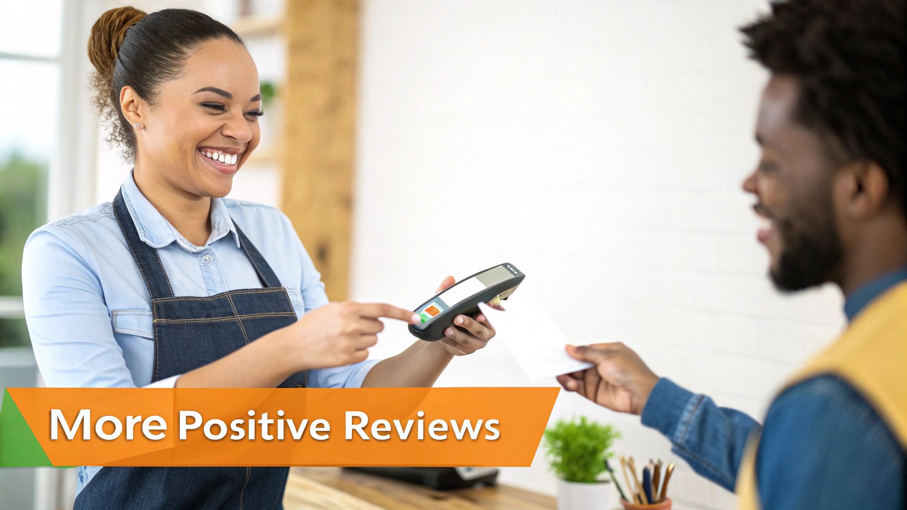 A smiling female cashier in an apron points to a card reader while a male customer holds a receipt.