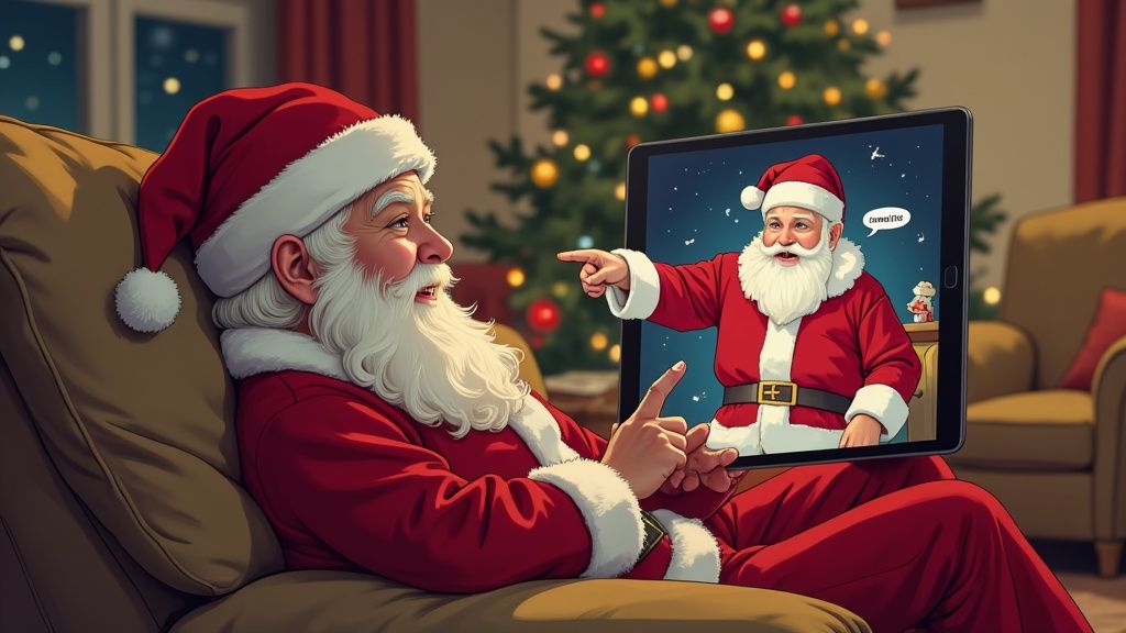 Santa Claus on a couch happily interacts with a digital version of himself on a tablet.