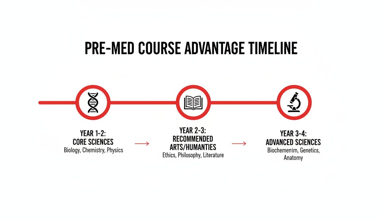 A pre-med course advantage timeline showing core sciences, arts/humanities, and advanced sciences across four years.