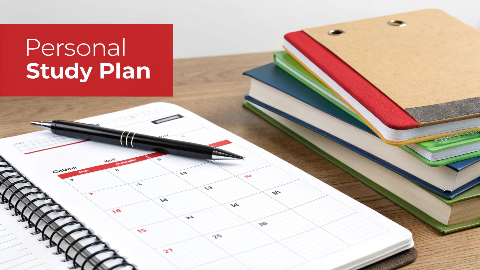 A personal study plan on a calendar with a pen and a stack of colorful books.