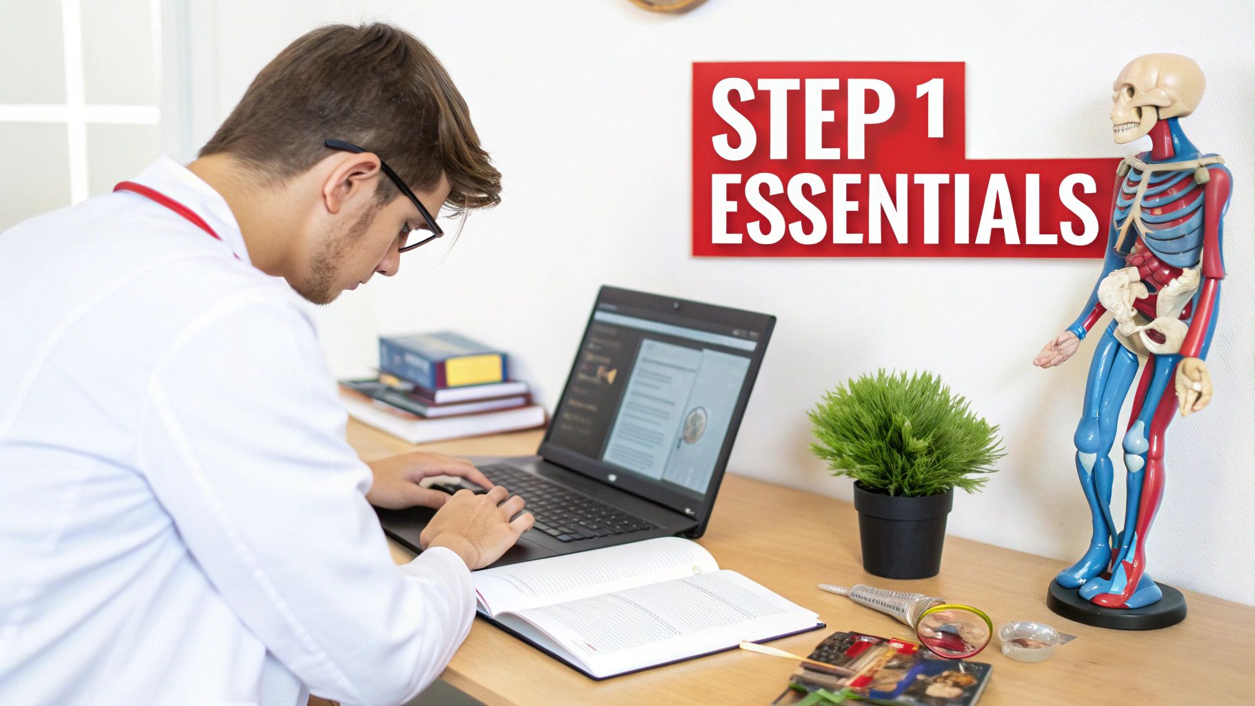 A medical student studies for USMLE Step 1 with a laptop, books, and an anatomical model.