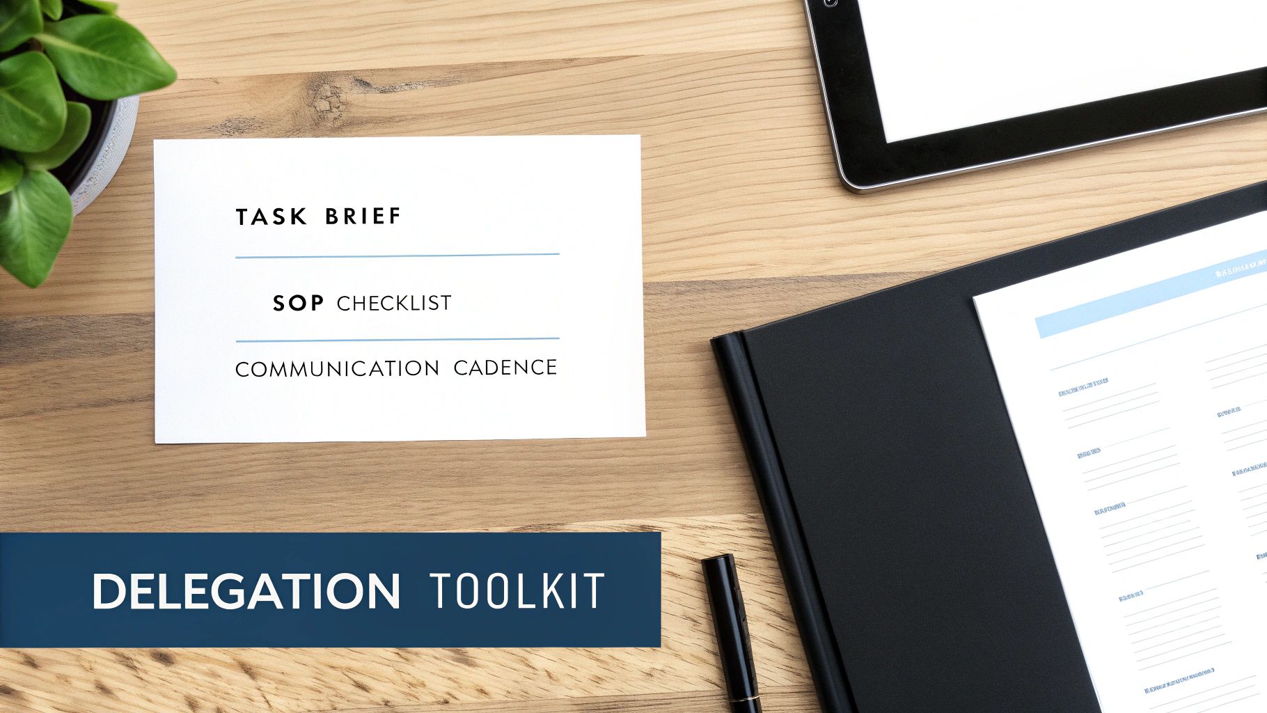 A flat lay of a desk with a white card displaying 'Delegation Toolkit' components, a tablet, and a plant.