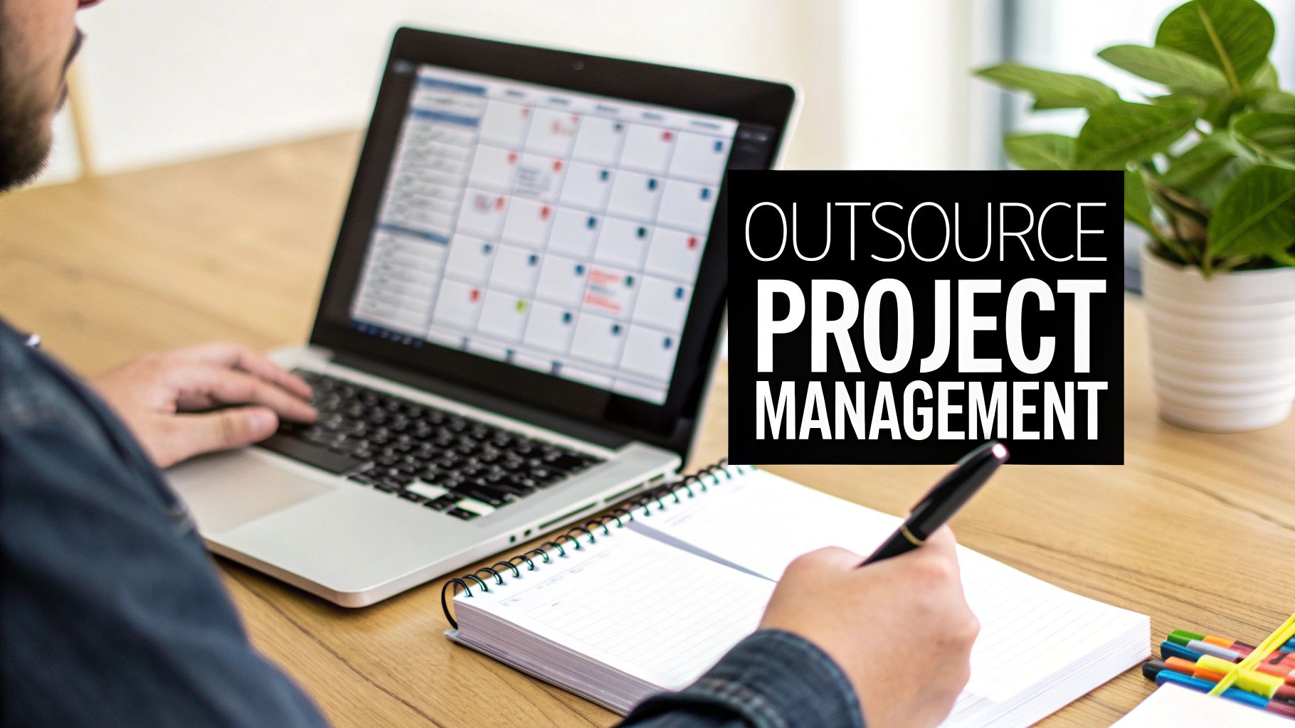 A person manages tasks on a laptop with a calendar and writes notes, promoting project management outsourcing.