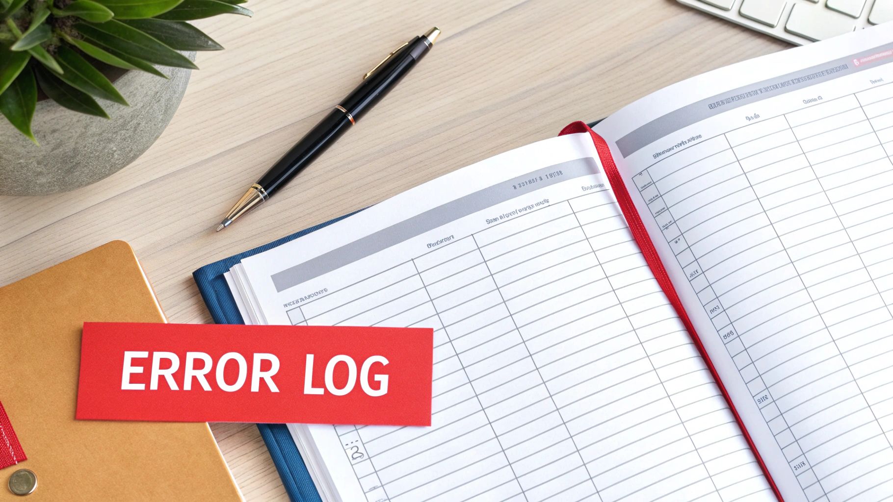 A red 'ERROR LOG' card rests on an open logbook, alongside a pen, plant, and keyboard.