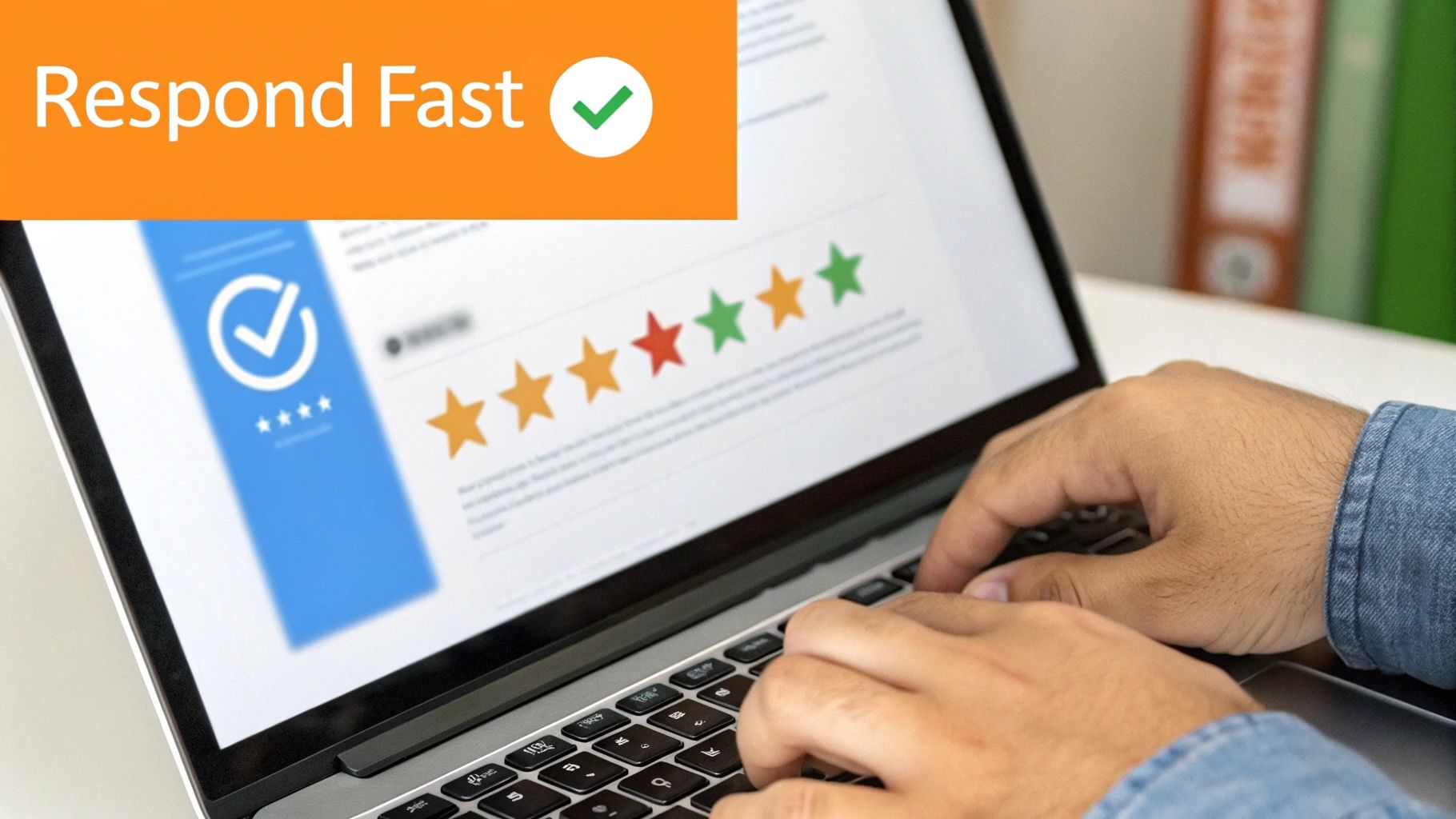 Person typing on a laptop, managing online customer reviews with star ratings and a 'Respond Fast' alert.