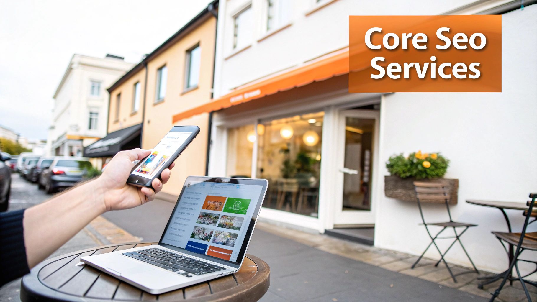 Digital marketing professional working on SEO services with laptop and smartphone outdoors.