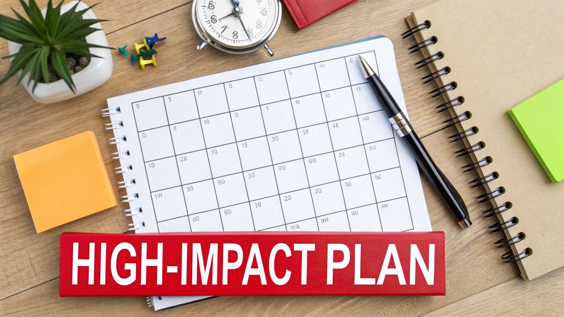 A 'HIGH-IMPACT PLAN' sign prominently displayed on a wooden desk with a planner, pen, and office items.
