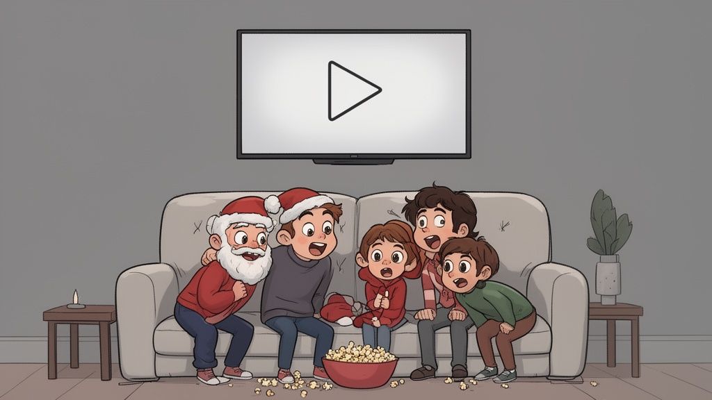 A family, including Santa and children, joyfully watching TV and eating popcorn during Christmas.