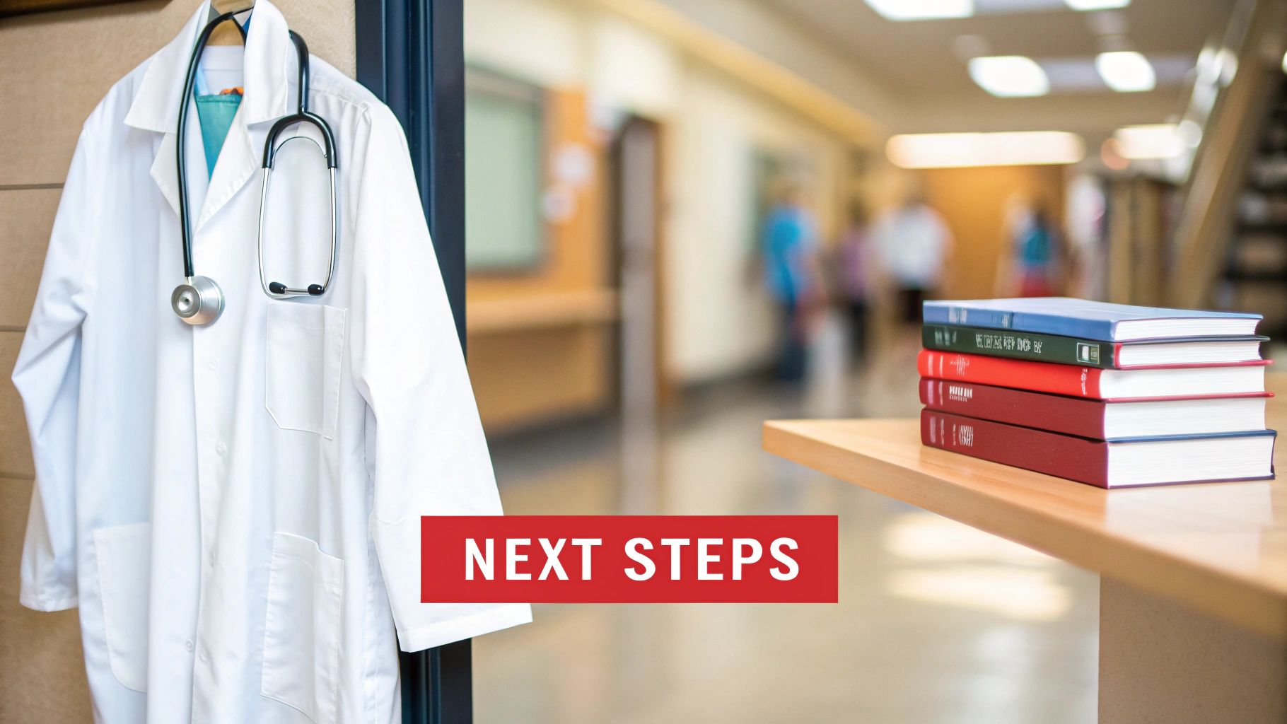 A doctor's lab coat, stethoscope, and medical books on a table in a blurred hallway.