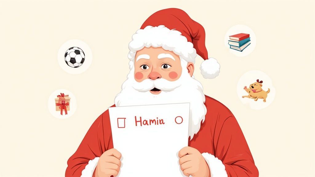 Santa Claus holding personalized name sign with gift icons and festive decorations around him