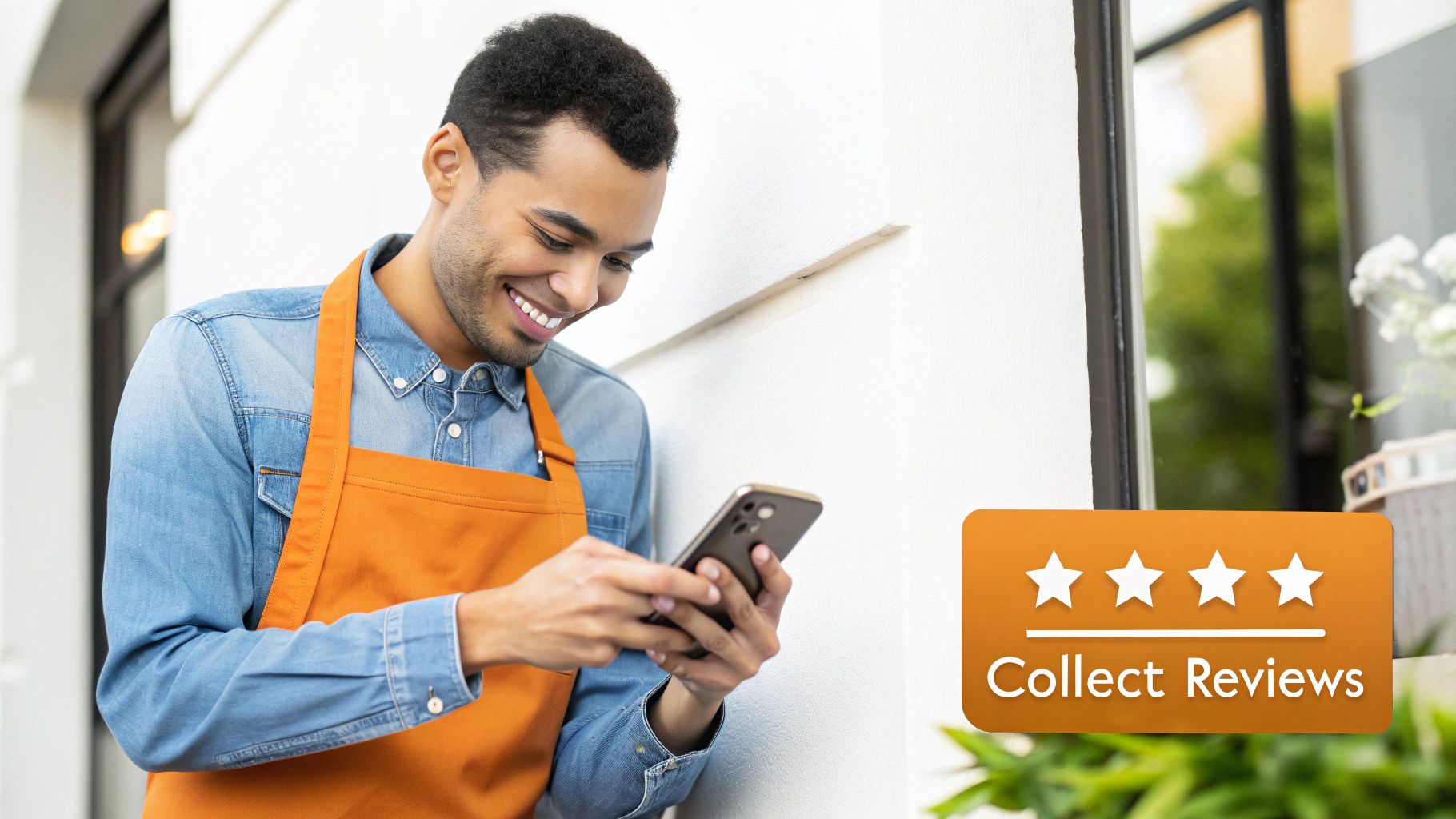 Smiling man in an apron using his smartphone to collect reviews for his local business.
