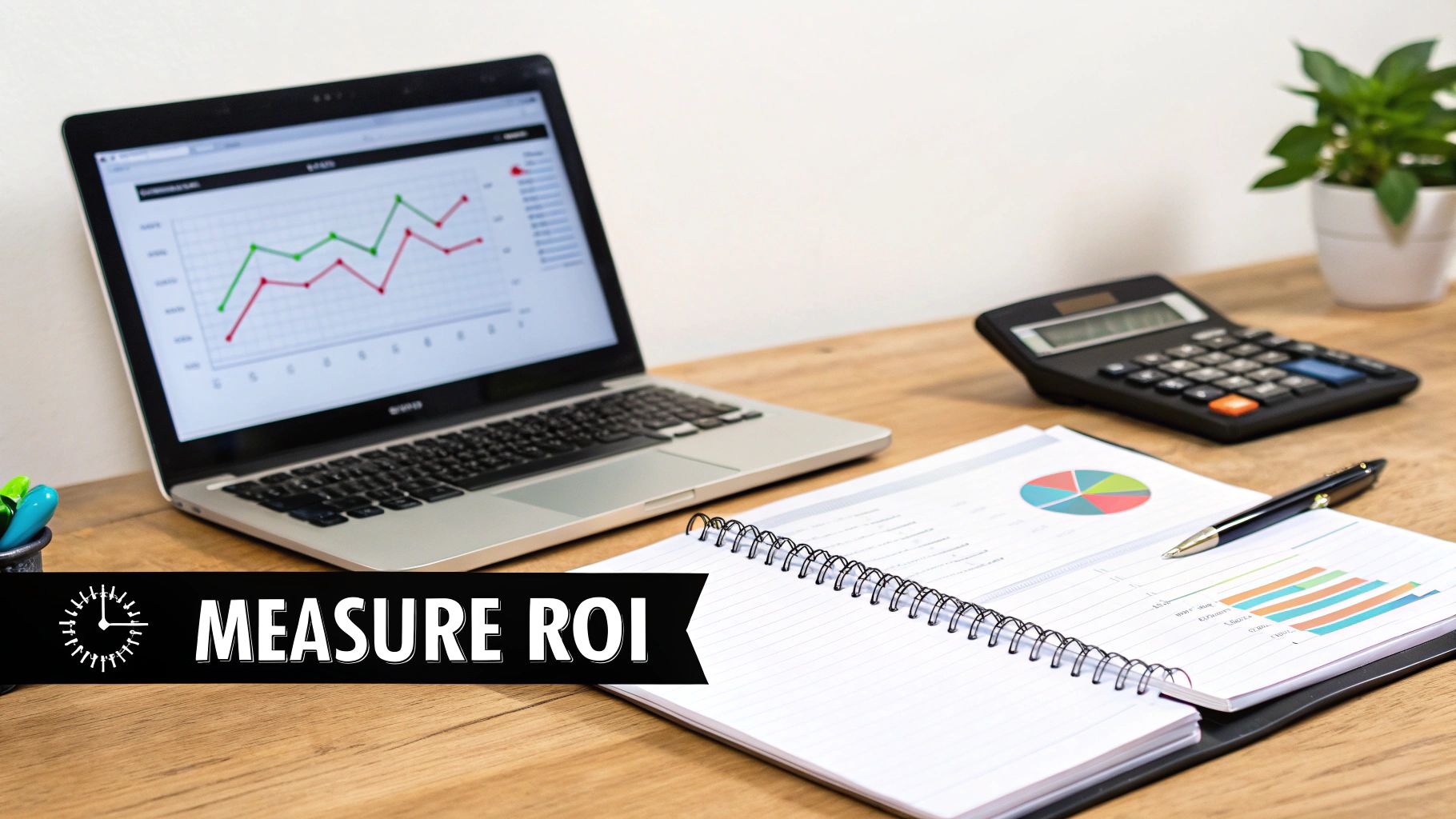 A laptop, notebook, calculator, and pen on a desk, with a banner saying 'MEASURE ROI'.