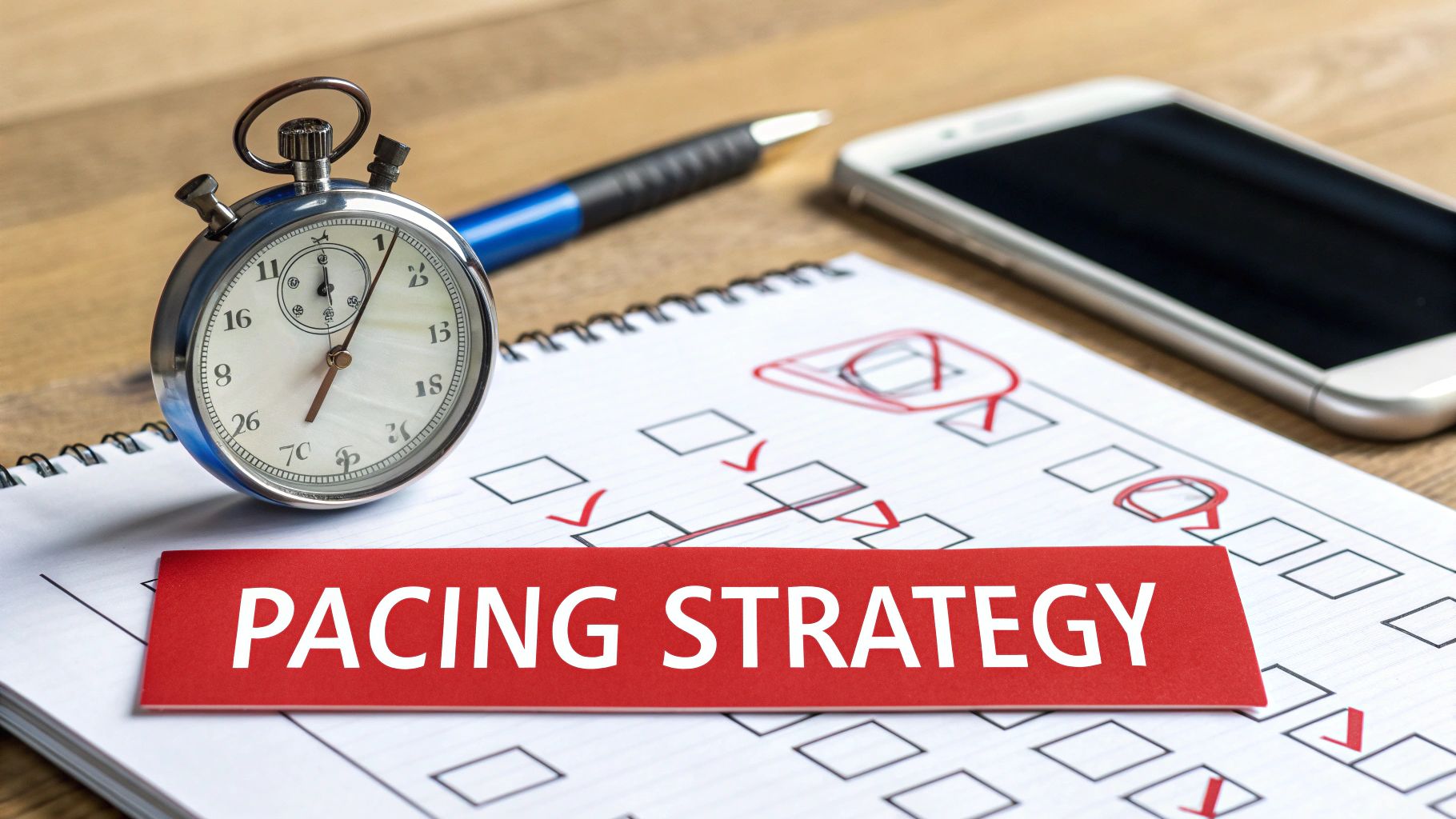 A stopwatch, pen, and smartphone on a notebook with a 'Pacing Strategy' sign.