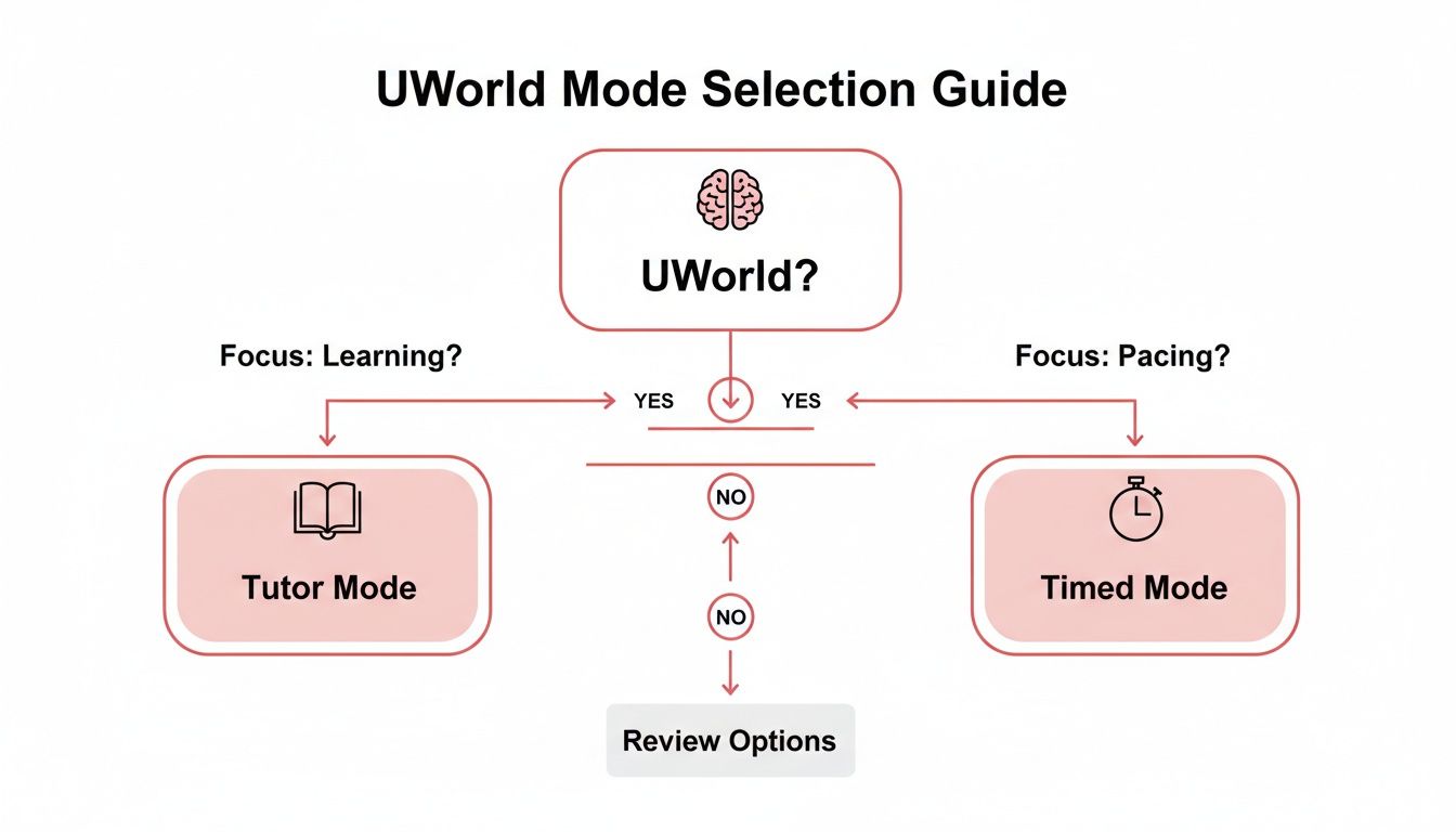 A UWorld mode selection flowchart guiding users to Tutor Mode, Timed Mode, or Review Options based on learning or pacing focus.
