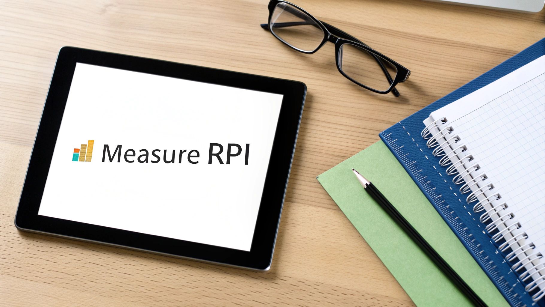 A tablet displaying 'Measure RPI' and a bar chart logo, with glasses, a pencil, and notebooks on a wooden desk.