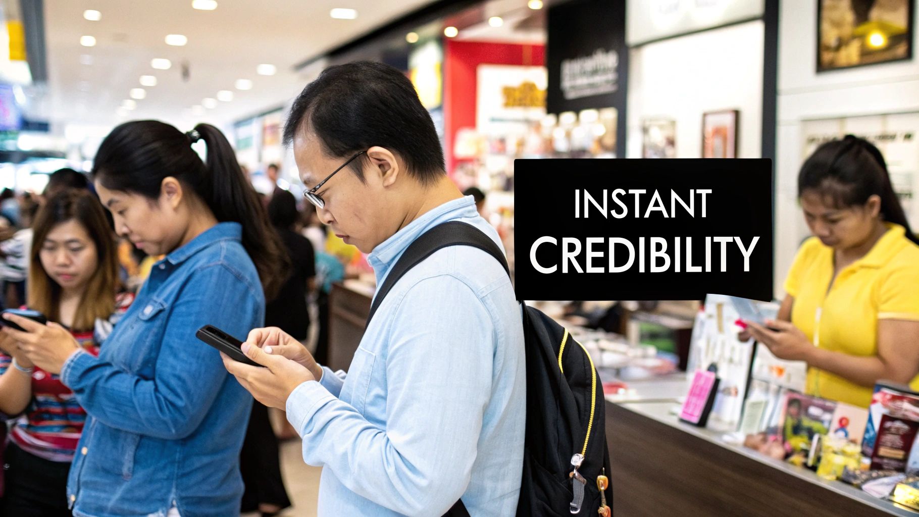 A customer leaving a positive five-star review for a business on their smartphone.