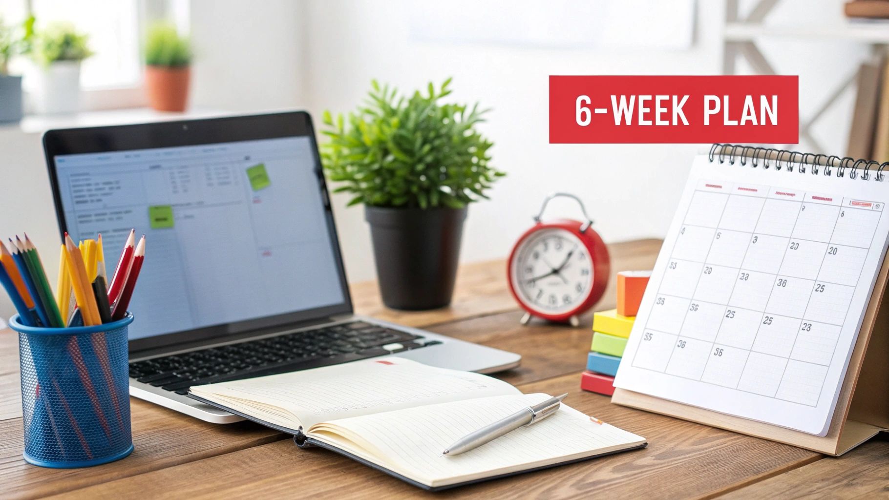 A tidy desk with a laptop, notebook, calendar, and a '6-WEEK PLAN' banner, signifying organization.