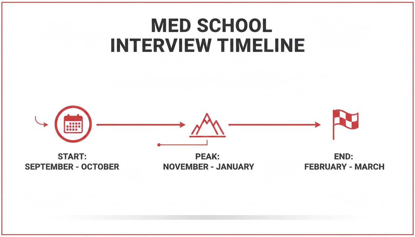 A timeline graphic illustrating the medical school interview process from start in September to end in March.