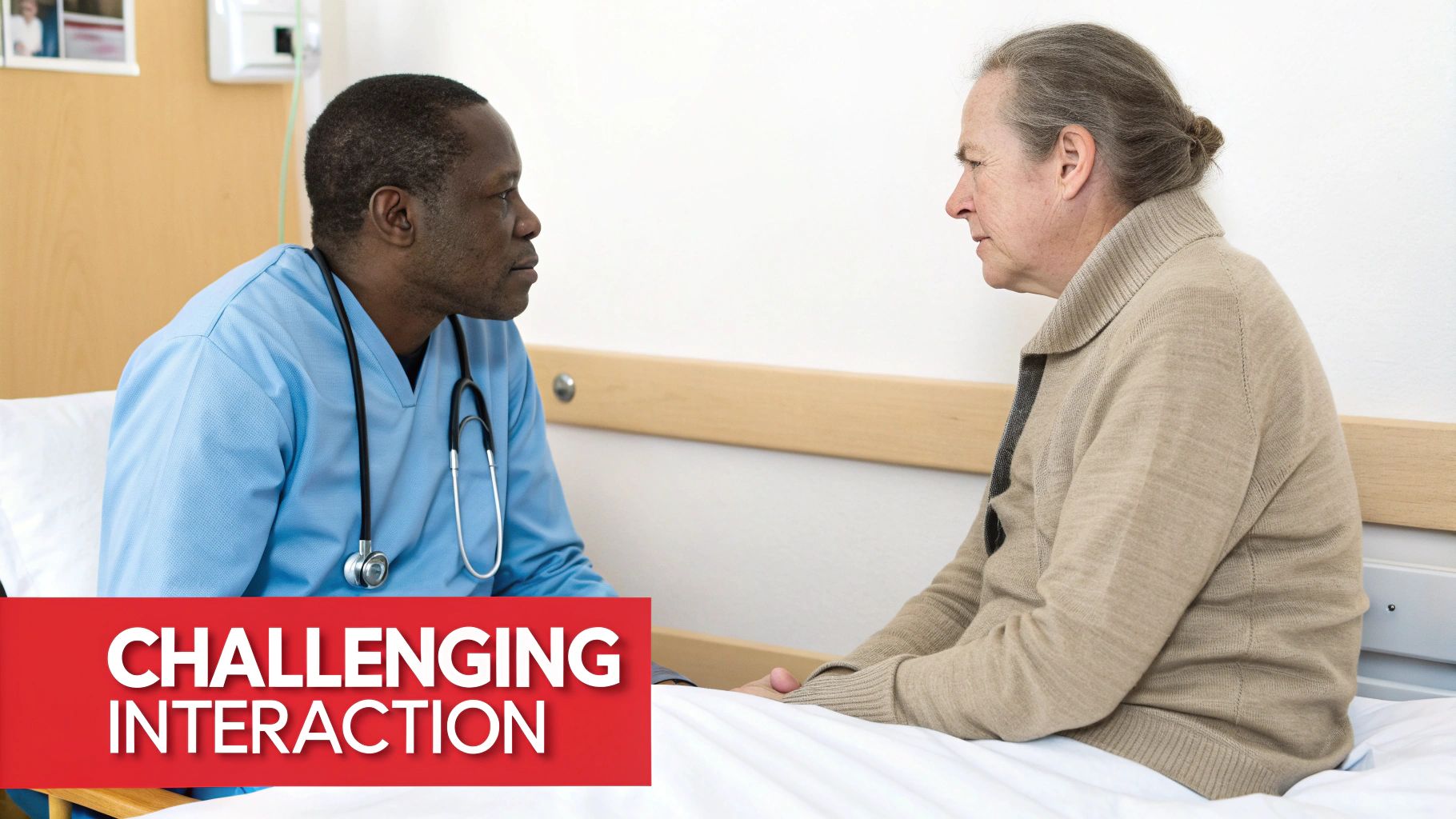 A Black male doctor in blue scrubs and stethoscope consults with an elderly female patient in a hospital bed.