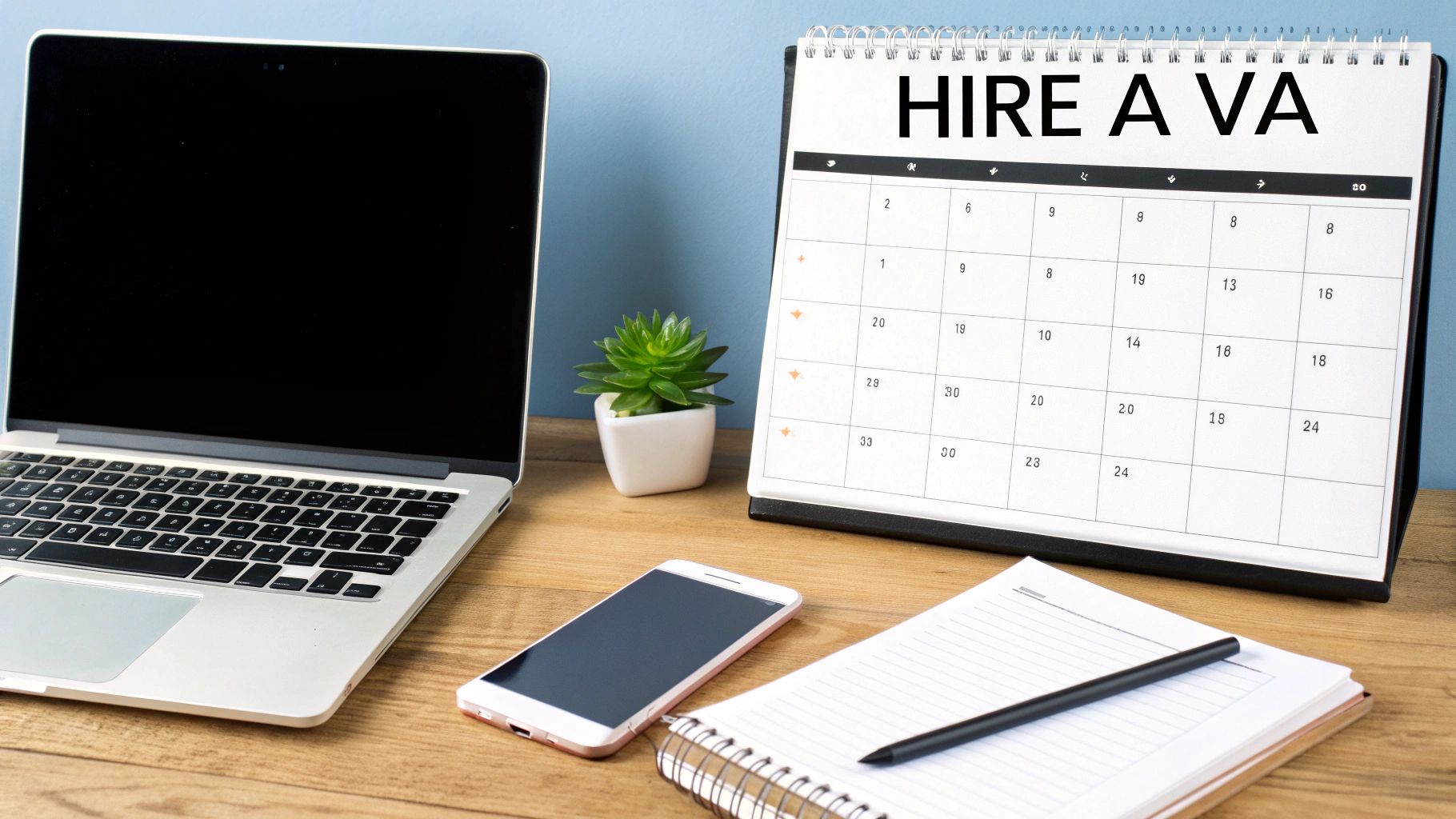 A clean desk with a laptop, smartphone, notepad, plant, and a calendar displaying 'HIRE A VA'.
