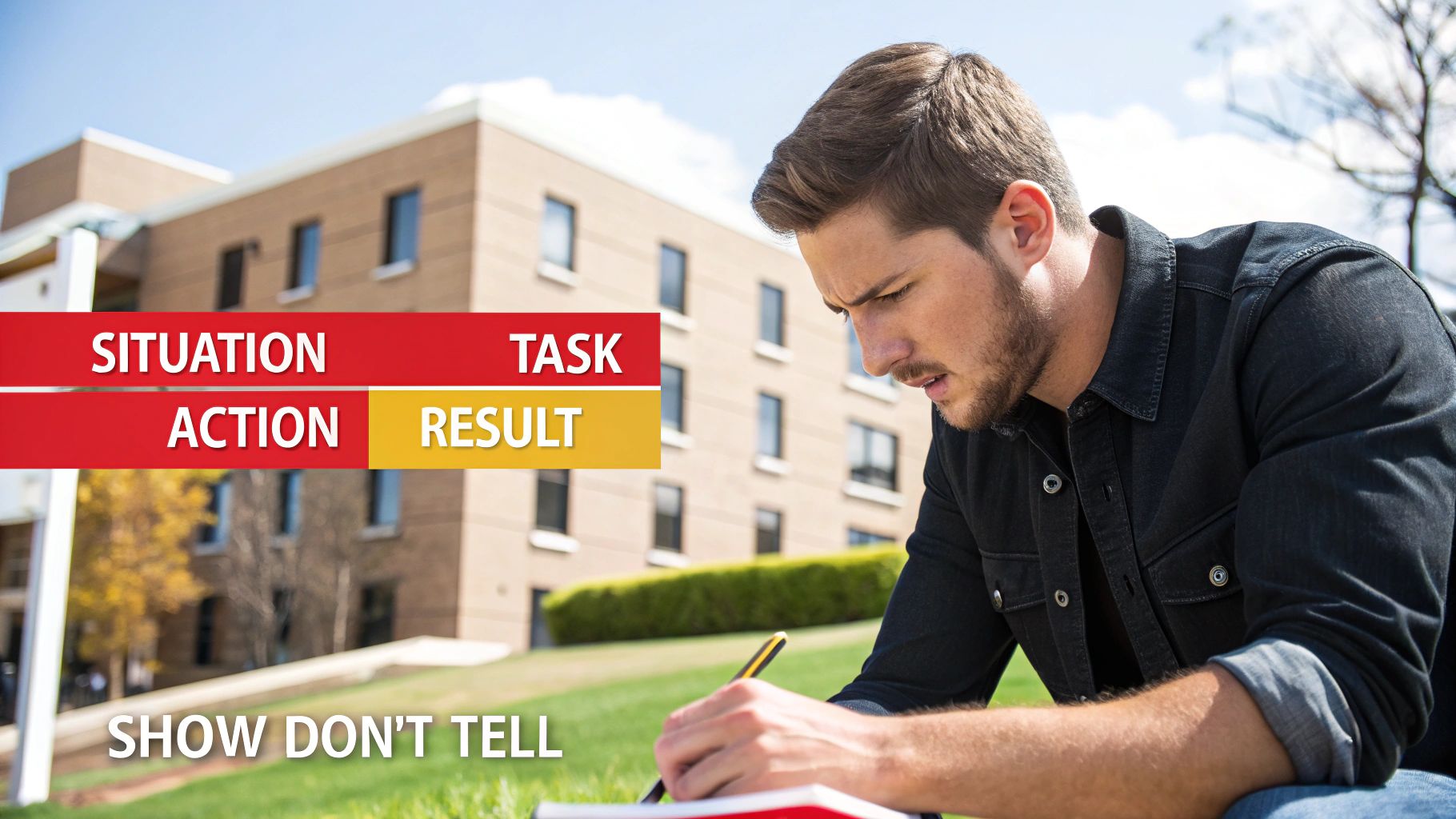 Young man focused on writing notes outdoors, with 'SITUATION, TASK, ACTION, RESULT' text overlay.