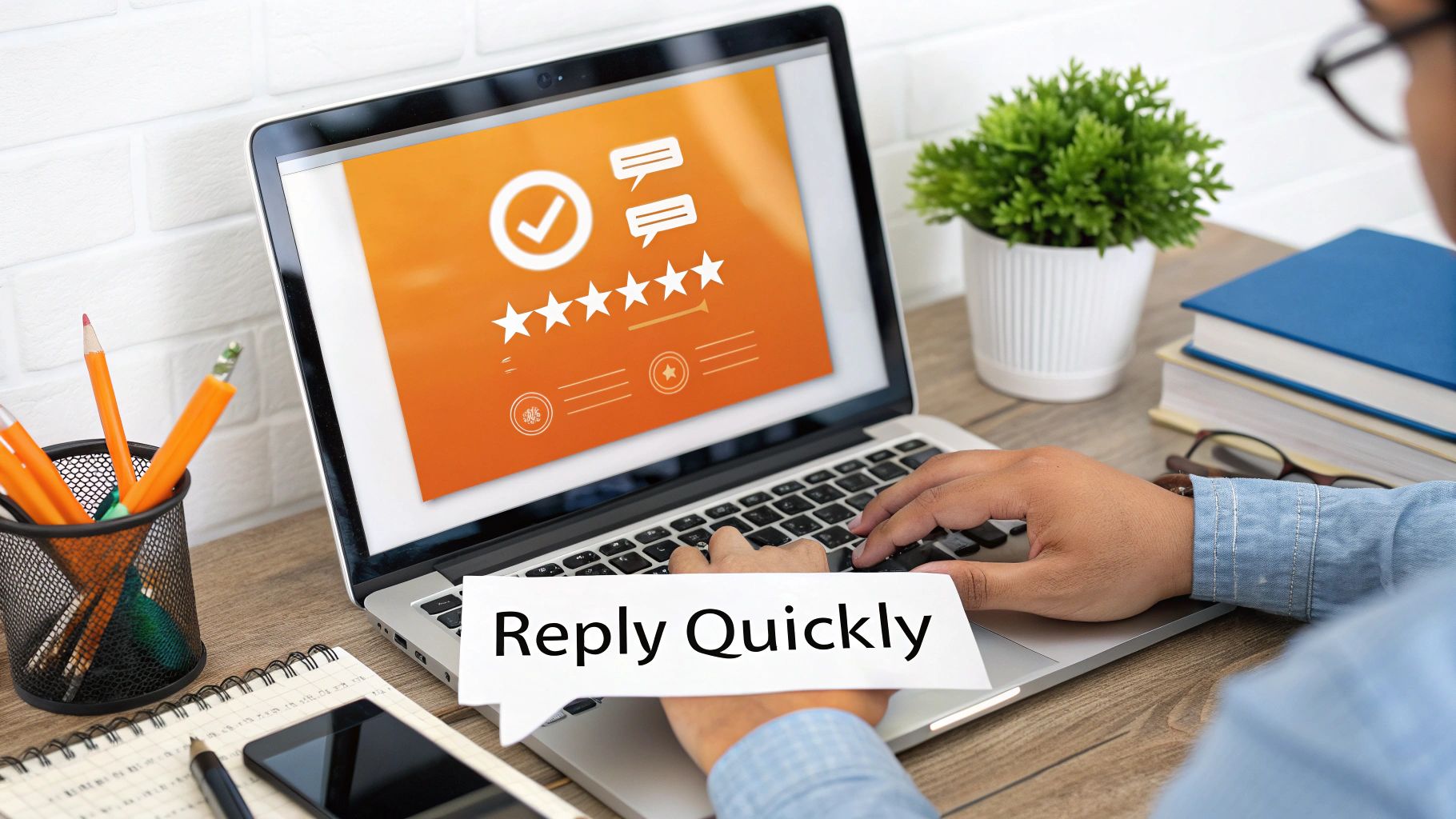 Person typing on laptop displaying five star customer review rating and feedback interface
