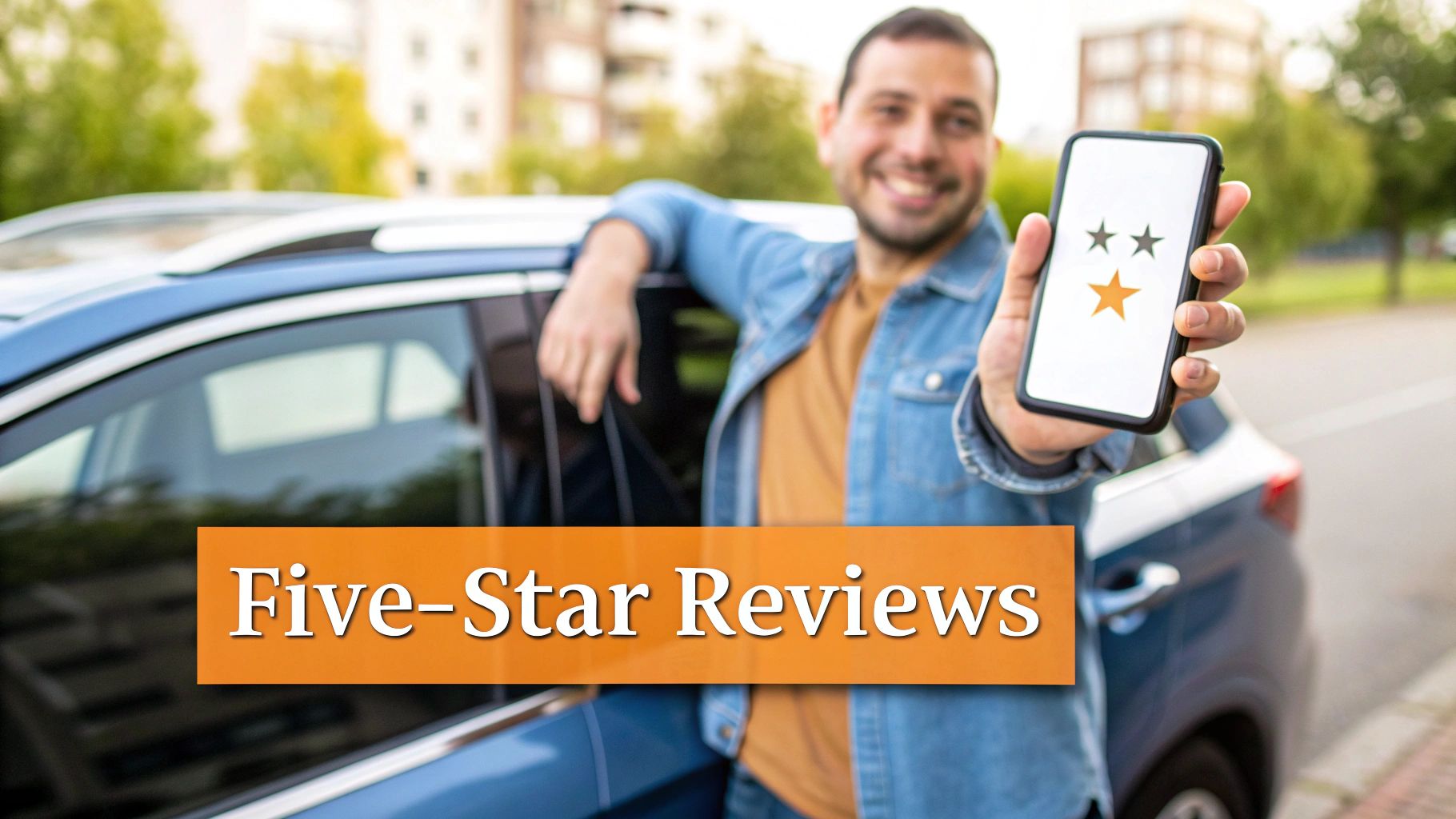 Smiling man by a blue car holds a smartphone displaying a one-star rating with 'Five-Star Reviews' banner.