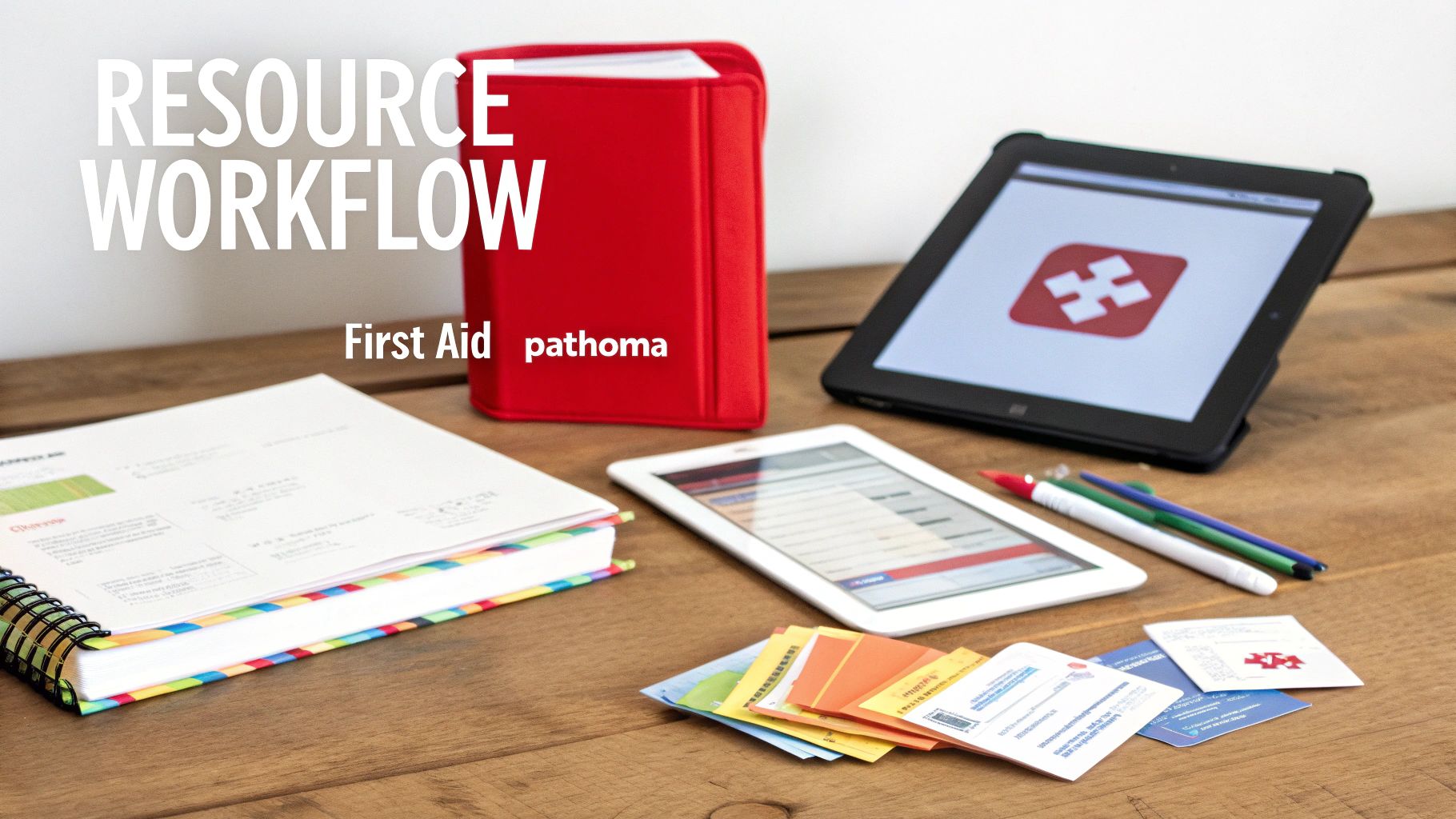 A desk with various study resources including tablets, a red binder, a notebook, and flashcards for medical learning.