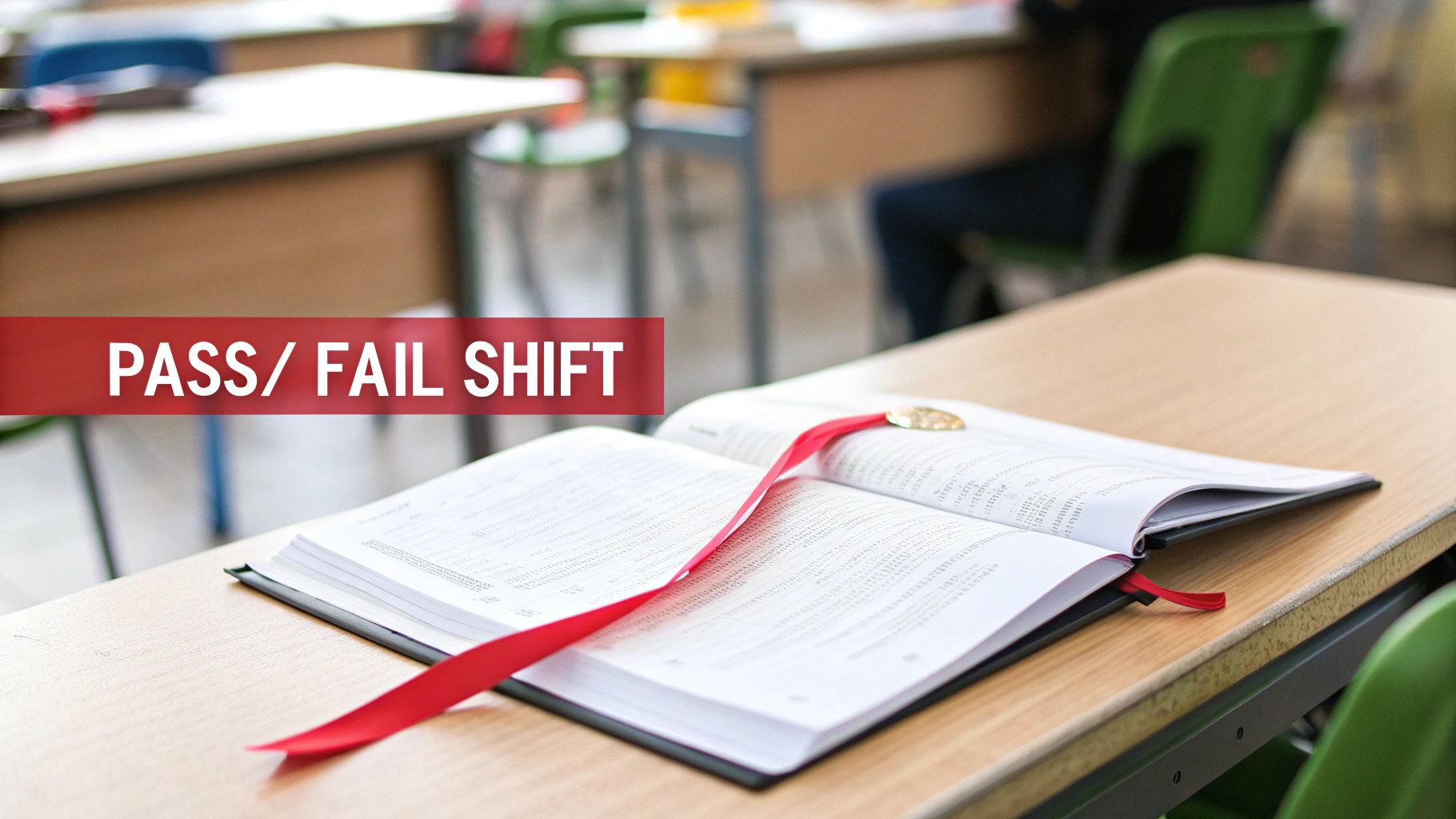 An open book with a red ribbon and gold medal on a desk, with a 'PASS/ FAIL SHIFT' banner overlay.
