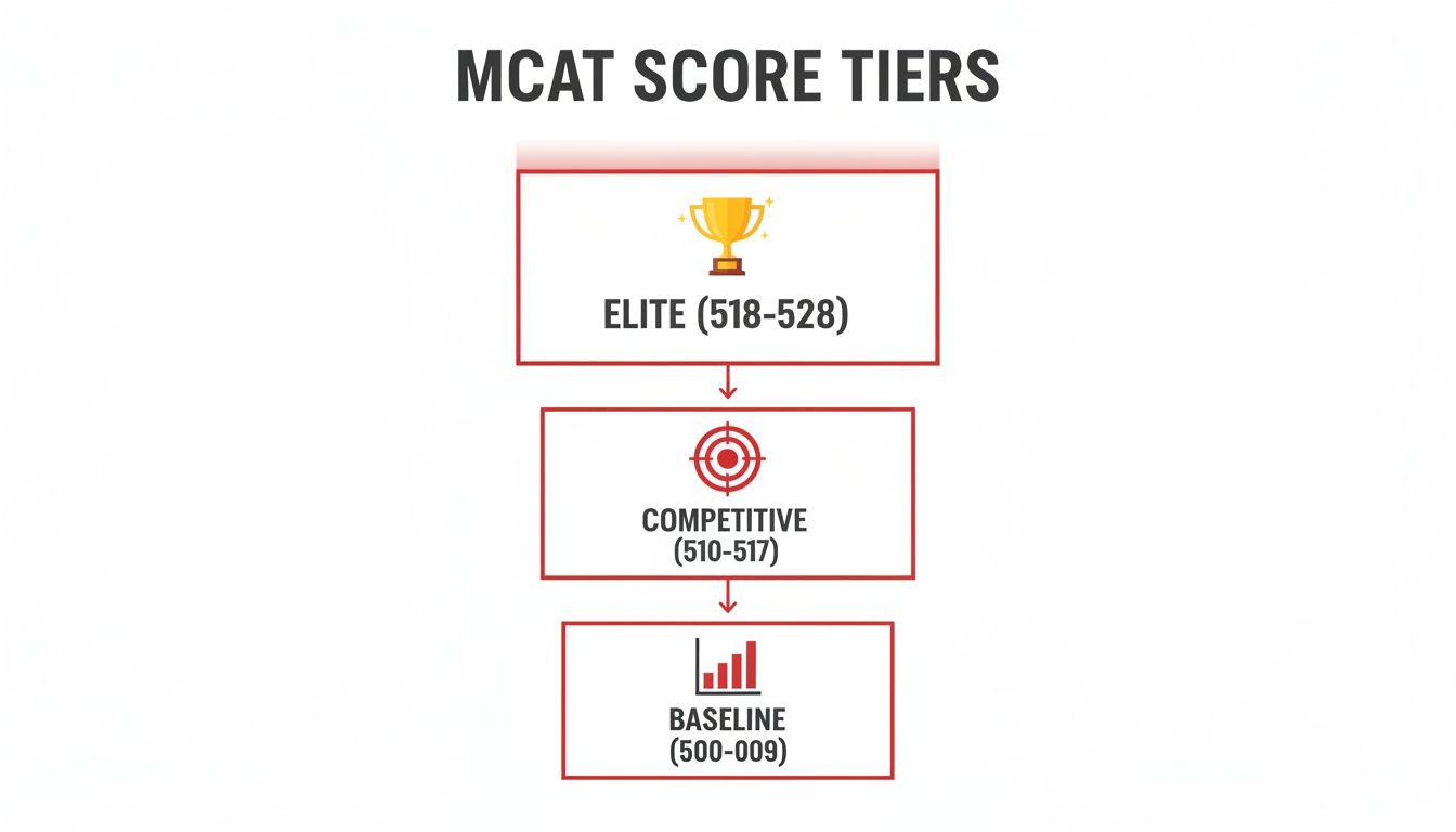 An infographic illustrating MCAT score tiers: Elite (518-528), Competitive (510-517), and Baseline (500-009).