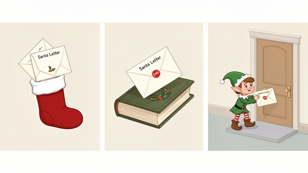 Three cartoon panels showing Santa letters: in a stocking, on a book, and held by an elf.
