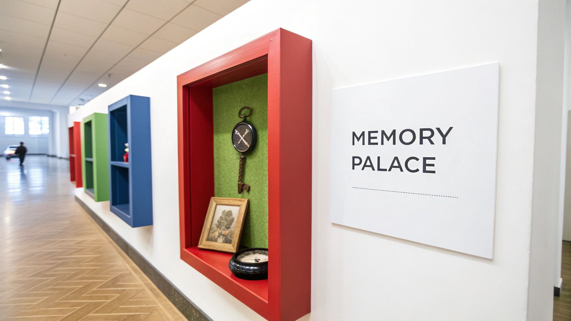 White wall with a 'MEMORY PALACE' sign and colorful display cases featuring personal items.