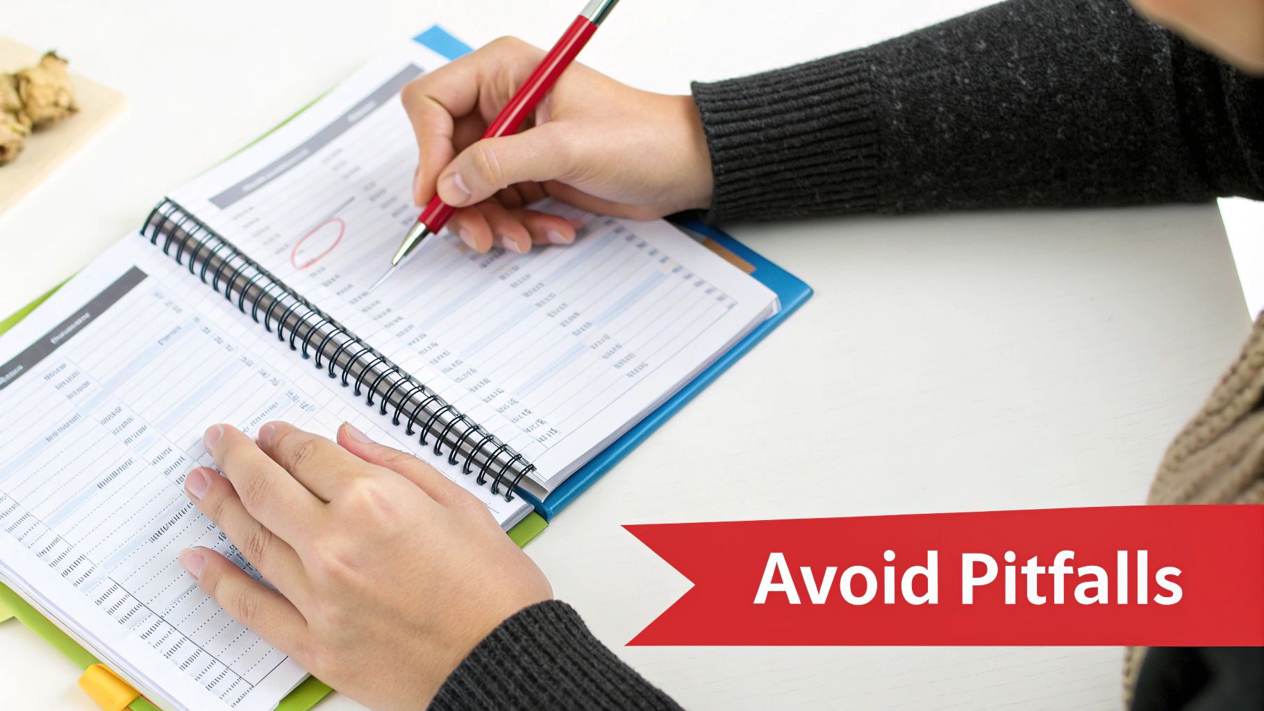 A person using a red pen to circle an item in a spiral notebook, with 'Avoid Pitfalls' text.