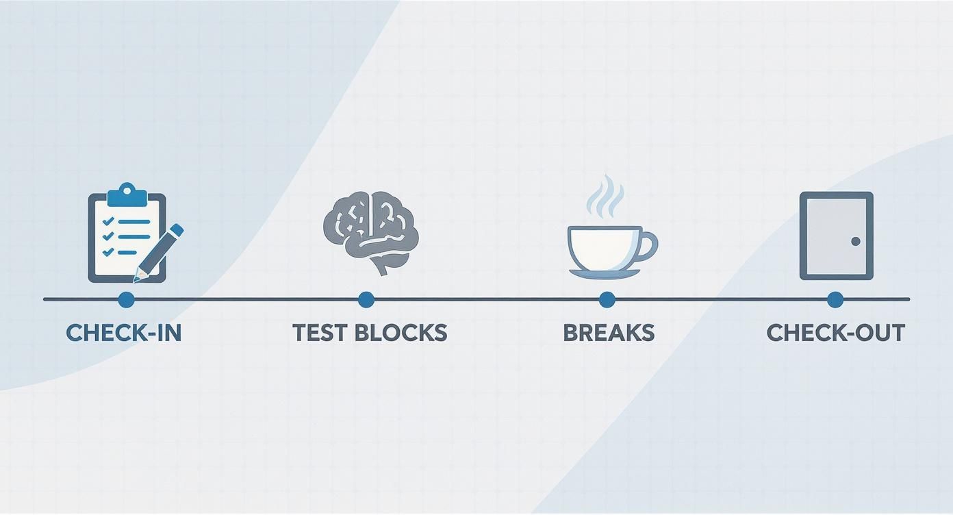 Infographic illustrating the four-step test day schedule: check-in, test blocks, breaks, and check-out.