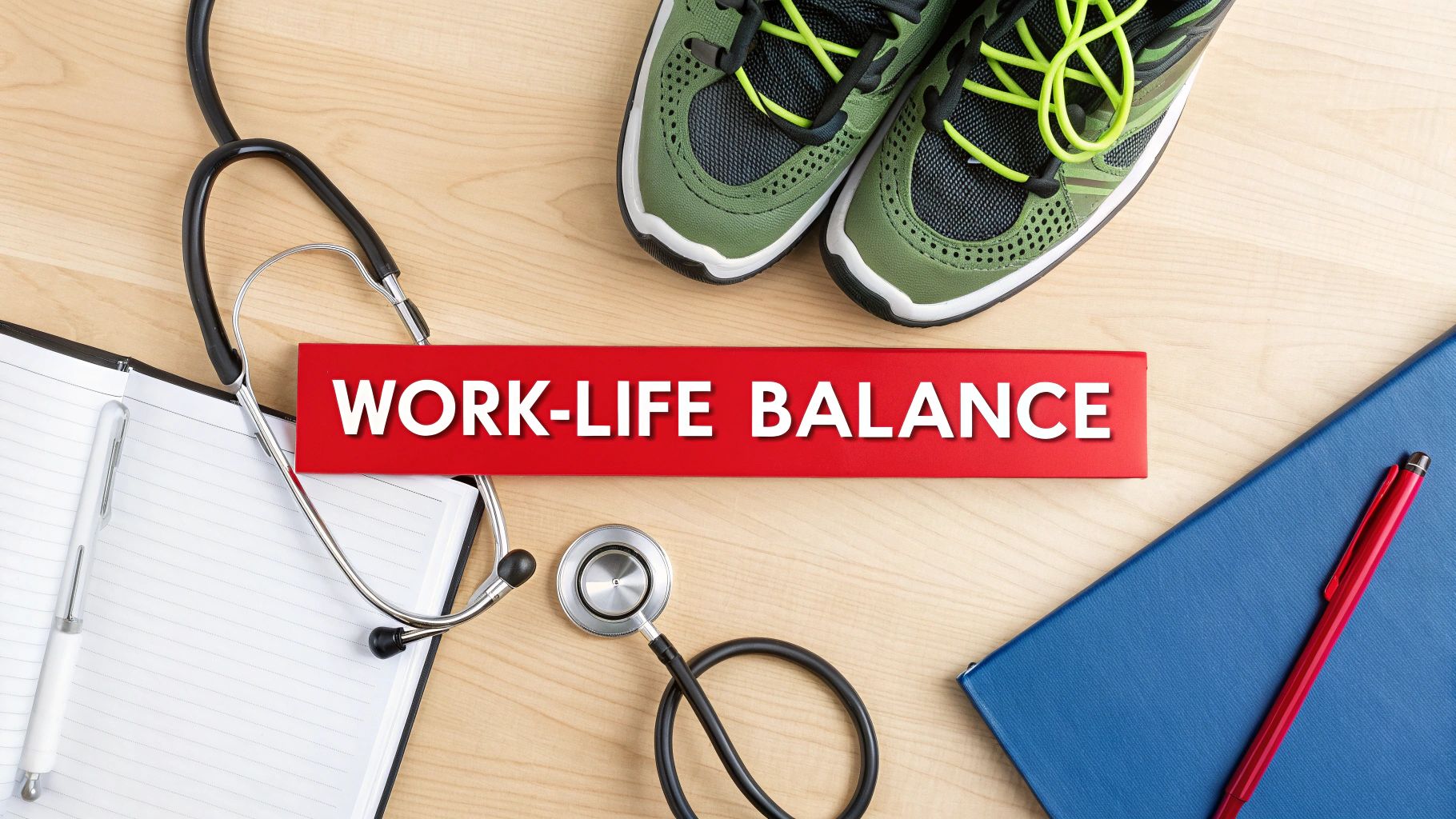 Flat lay of a red 'WORK-LIFE BALANCE' sign, surrounded by a stethoscope, notebook, pen, and running shoes.