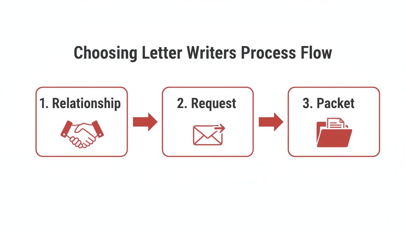 A process flow diagram illustrates three steps for choosing letter writers: Relationship, Request, and Packet.