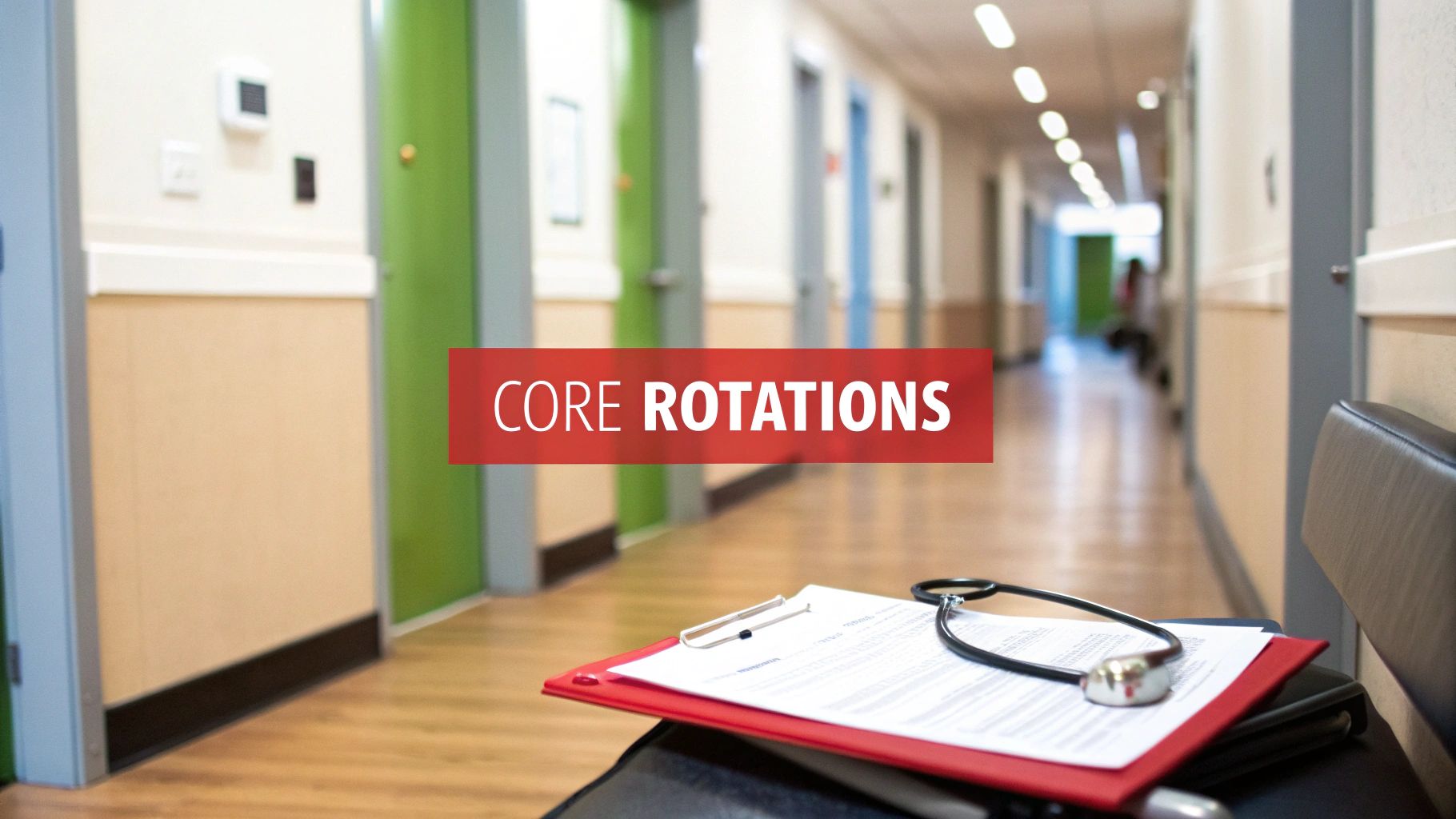 A blurred hospital hallway with colorful doors, a clipboard, and a stethoscope in the foreground, with text 'CORE ROTATIONS'.
