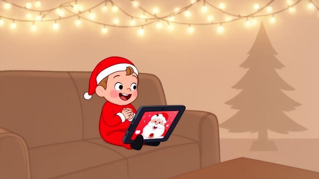 A happy cartoon baby in a Santa outfit watches Santa Claus on a tablet during Christmas.