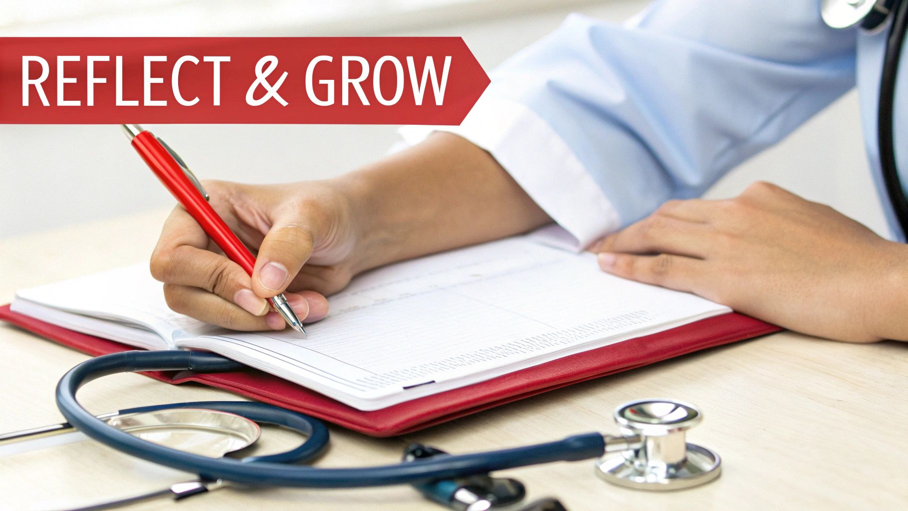 A medical professional writes in a red notebook with a pen, next to a stethoscope.