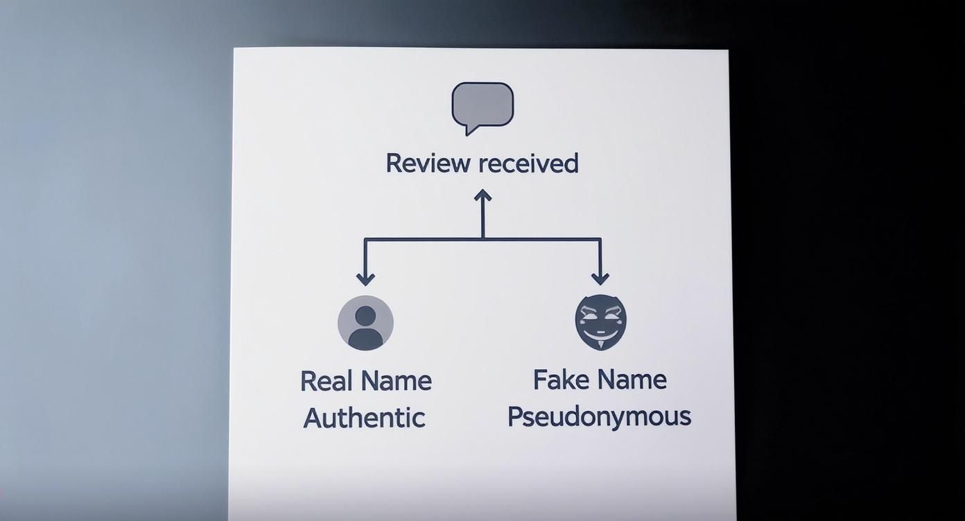 Diagram illustrating 'Review received' branching into 'Real Name Authentic' and 'Fake Name Pseudonymous'.