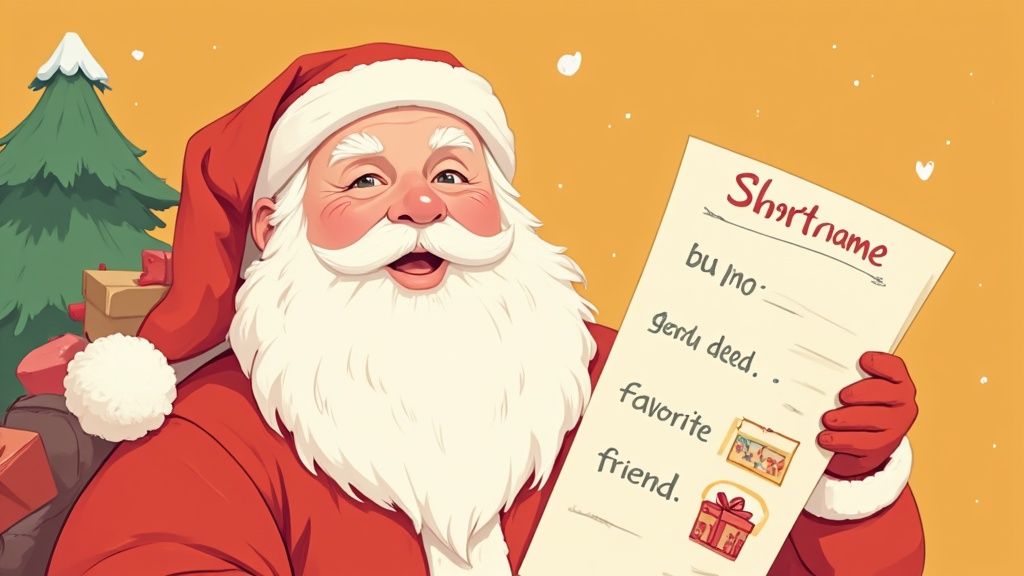 Santa Claus holding a personalized letter with child's information and smiling warmly at camera