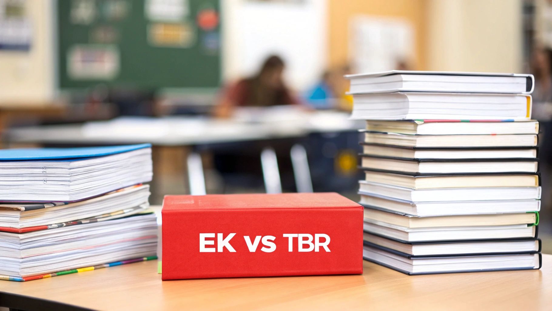 Stacks of study books on a desk, with a red book in the center labeled 'EK VS TBR' in a classroom.