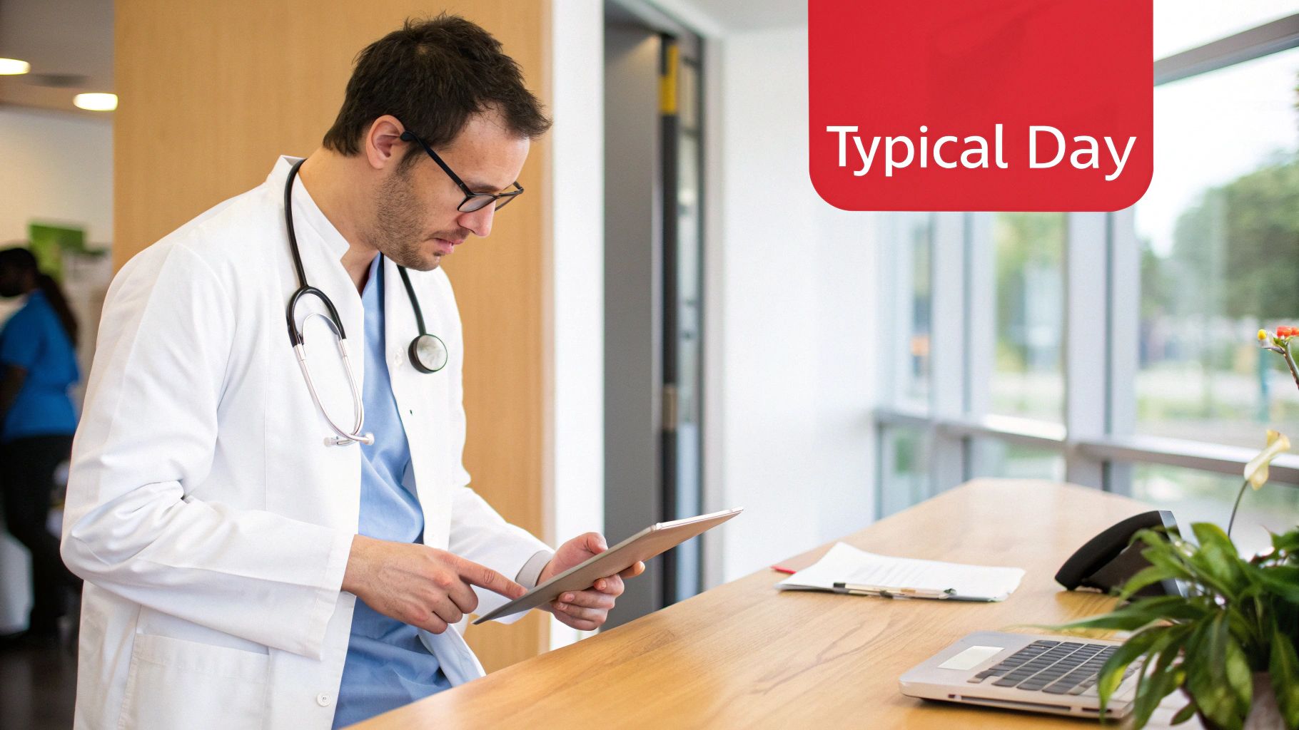 A male doctor in a white lab coat and stethoscope uses a tablet at a reception desk.