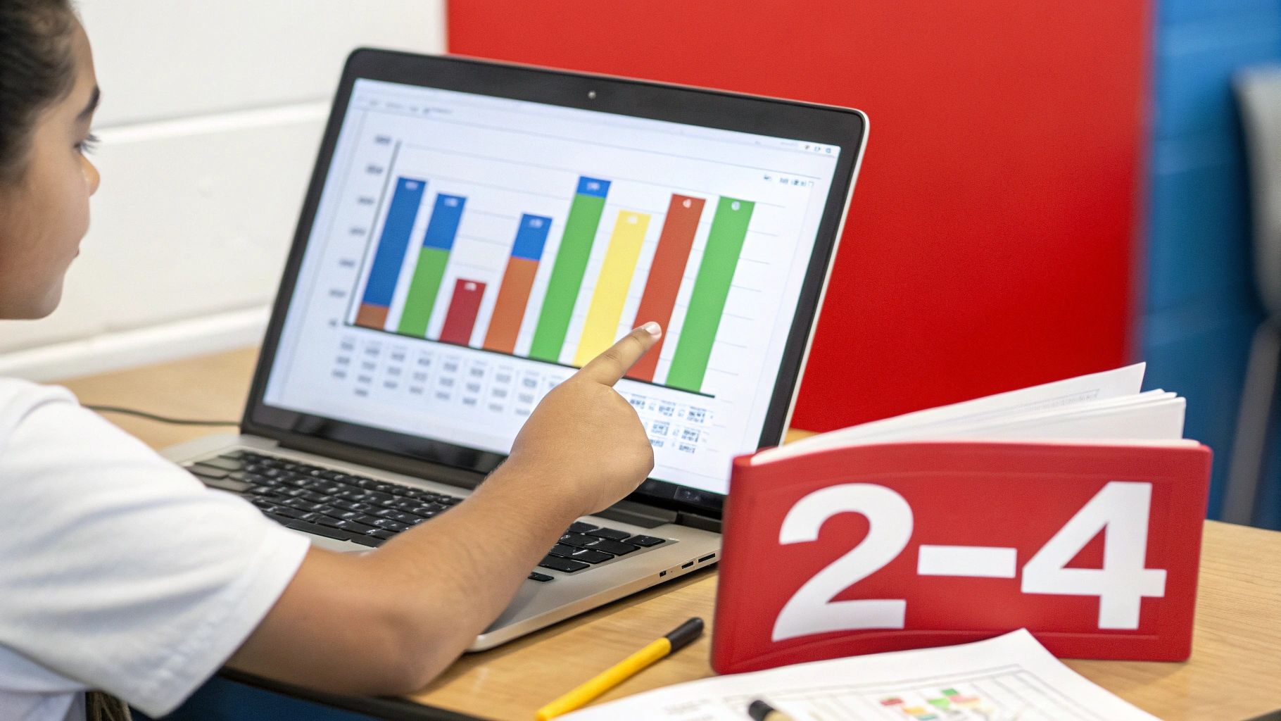 A student points at a colorful bar graph on a laptop screen during a lesson.